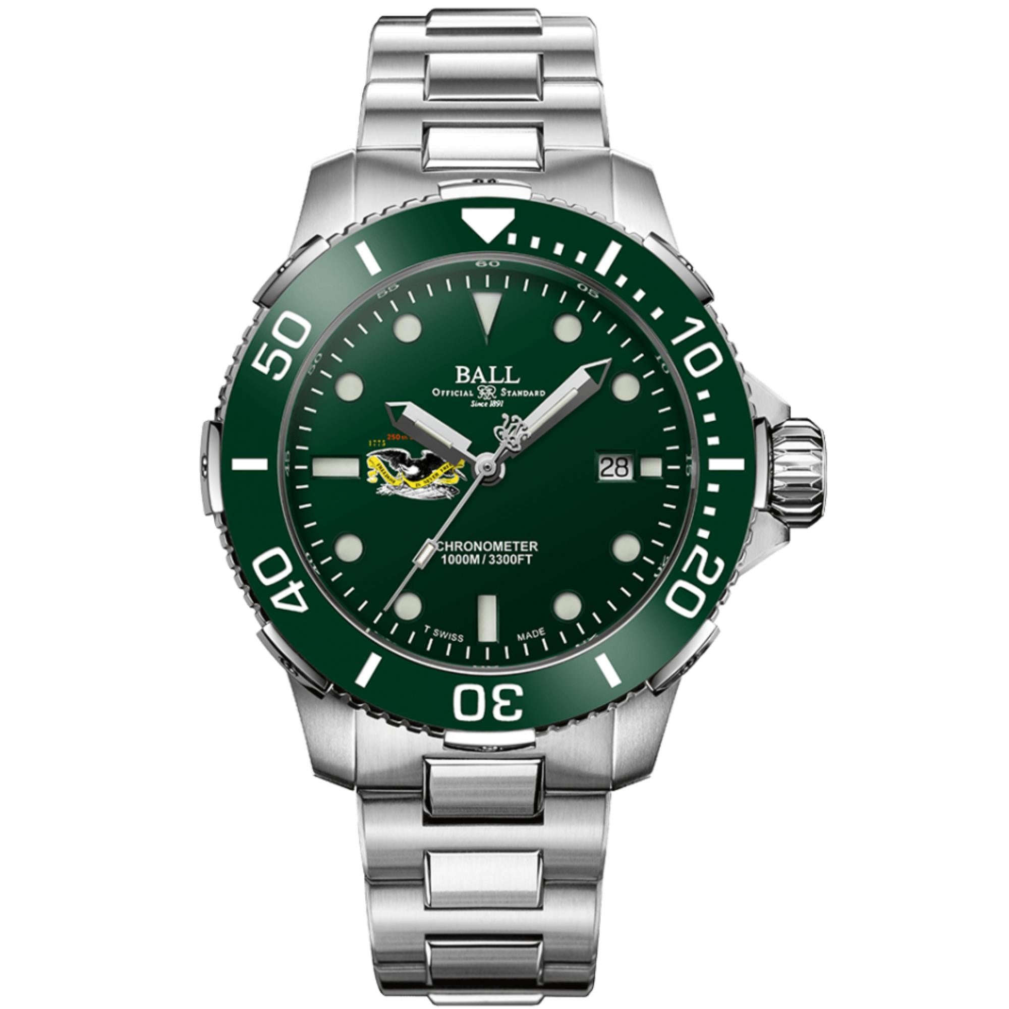 BALL Engineer Hydrocarbon Limited Edition DeepQUEST Protector Green Dial Steel Strap Men's Watch DM3002A-S10C-GR