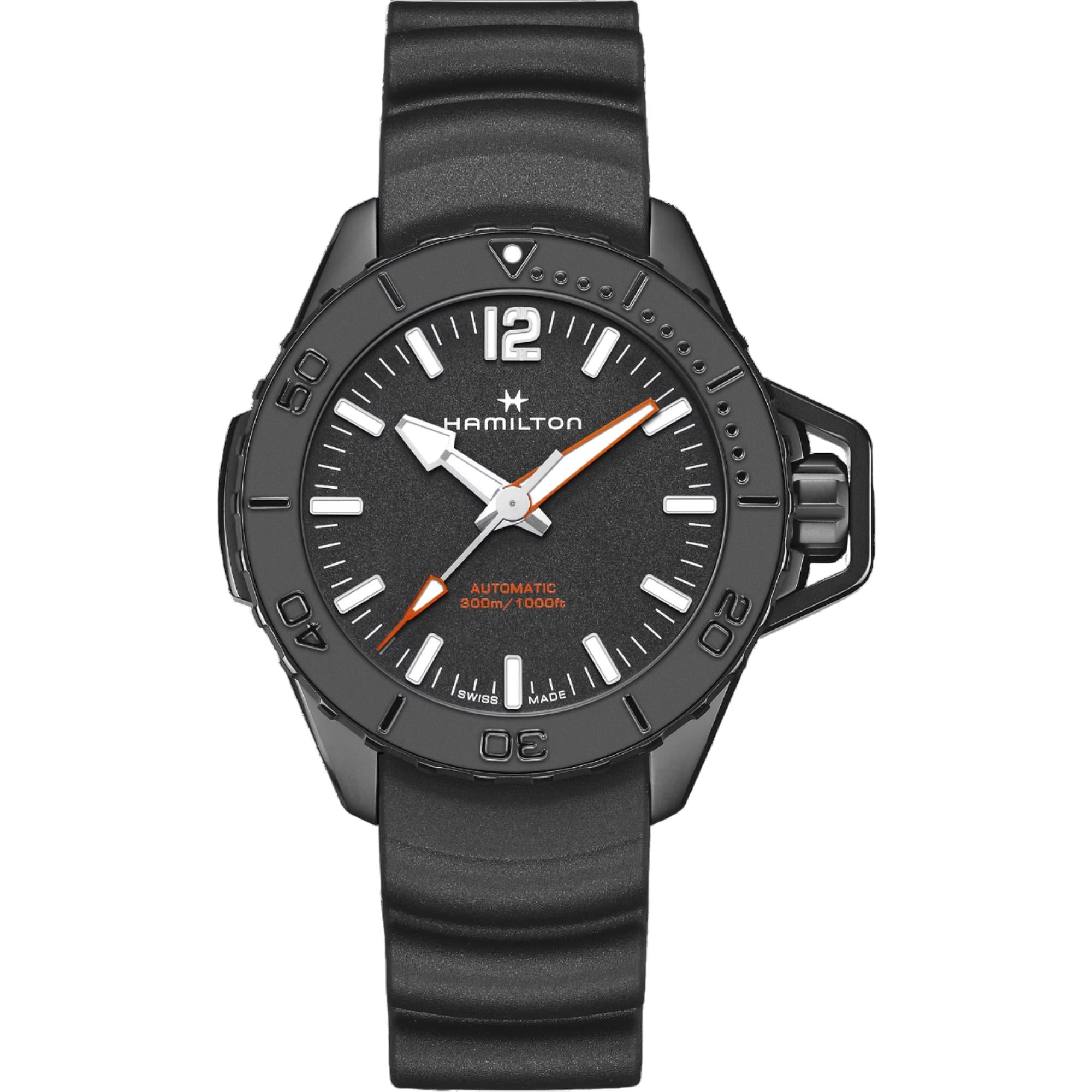 Hamilton Khaki Navy Frogman Automatic Black Dial Rubber Strap Men's Watch H77855330
