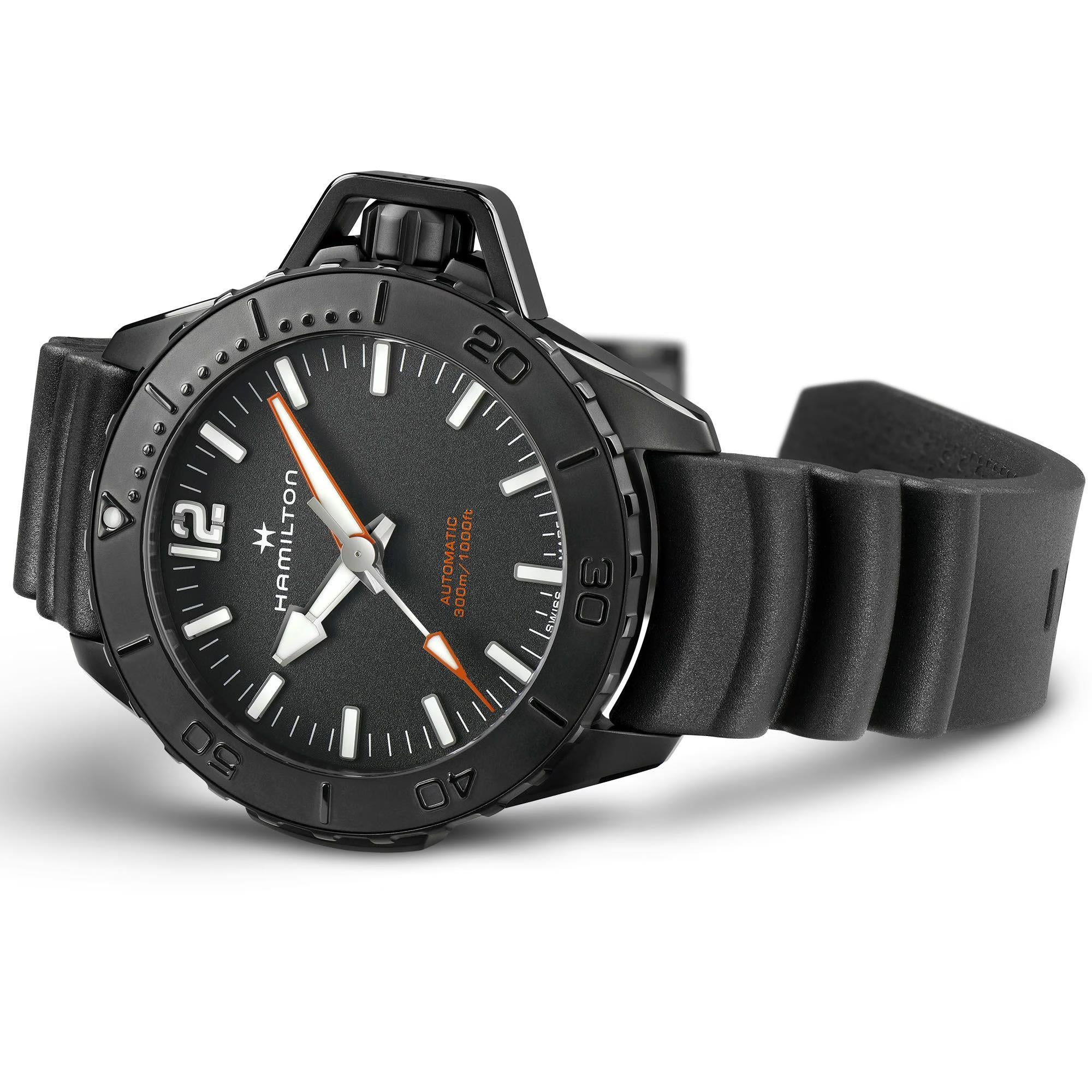 Hamilton Khaki Navy Frogman Automatic Black Dial Rubber Strap Men's Watch H77855330