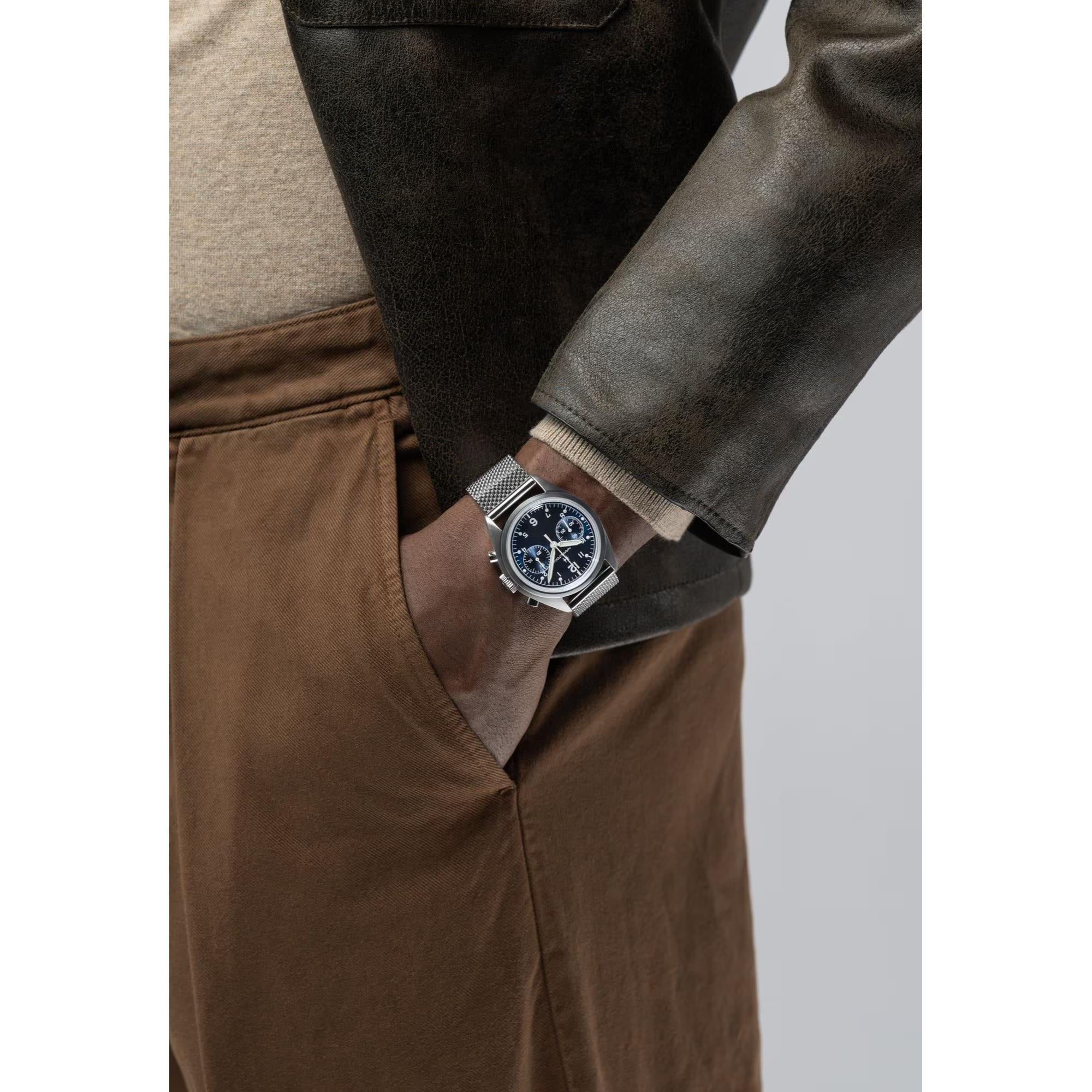 Hamilton Khaki Aviation Pilot Pioneer Mechanical Chronograph Blue Dial Steel Strap Men's Watch H76409140