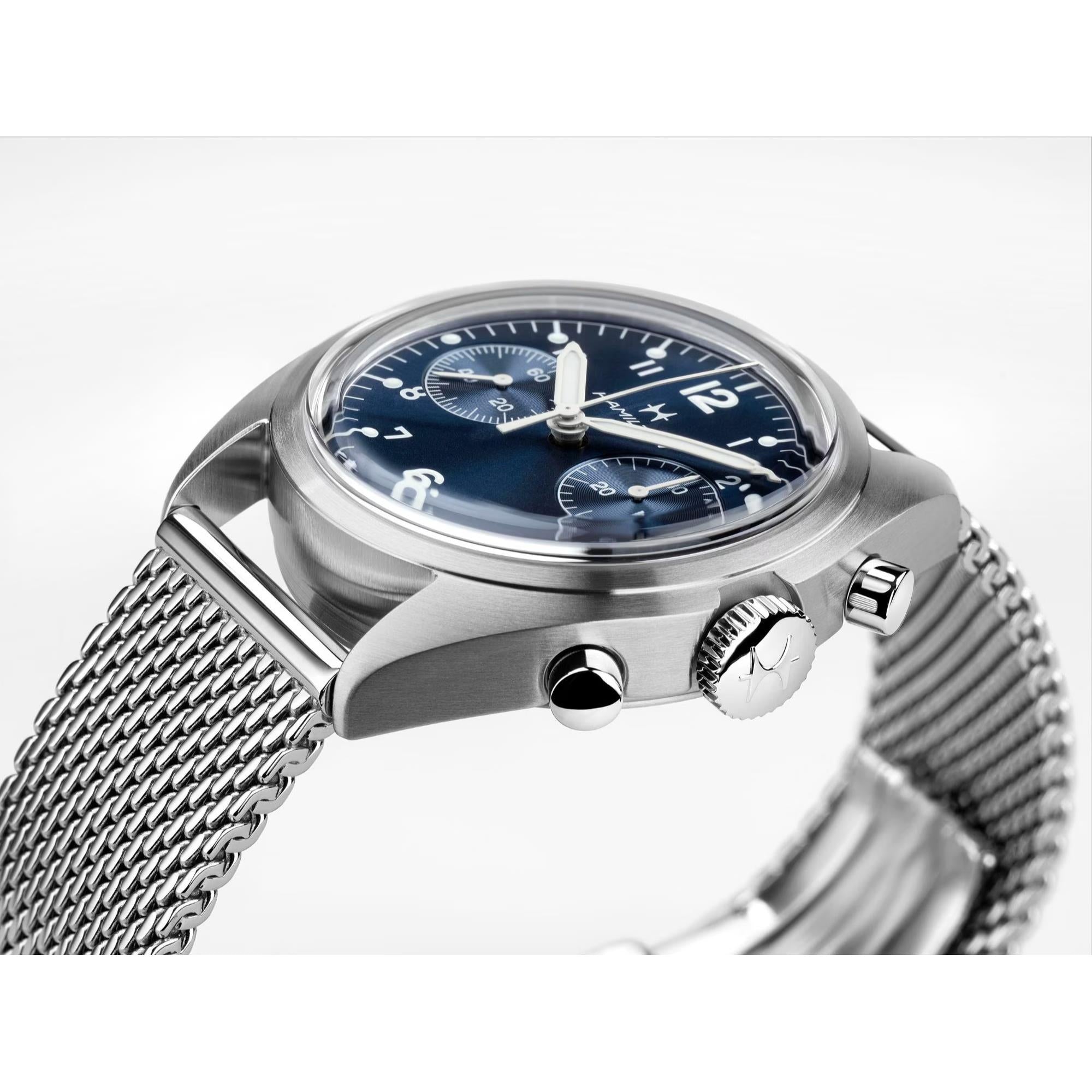 Hamilton Khaki Aviation Pilot Pioneer Mechanical Chronograph Blue Dial Steel Strap Men's Watch H76409140