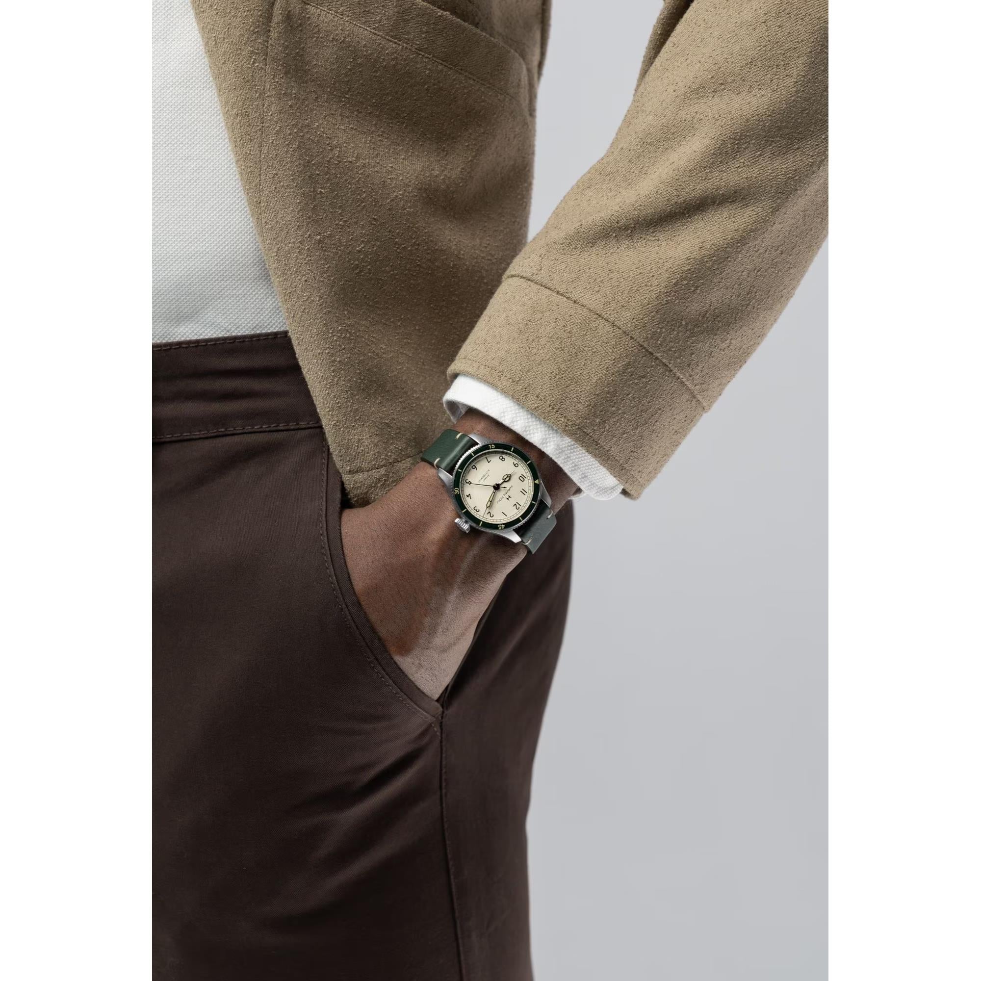 Hamilton Khaki Aviation Pilot Pioneer Automatic Eggshell-White Dial Green Leather Strap Men's Watch H76255810