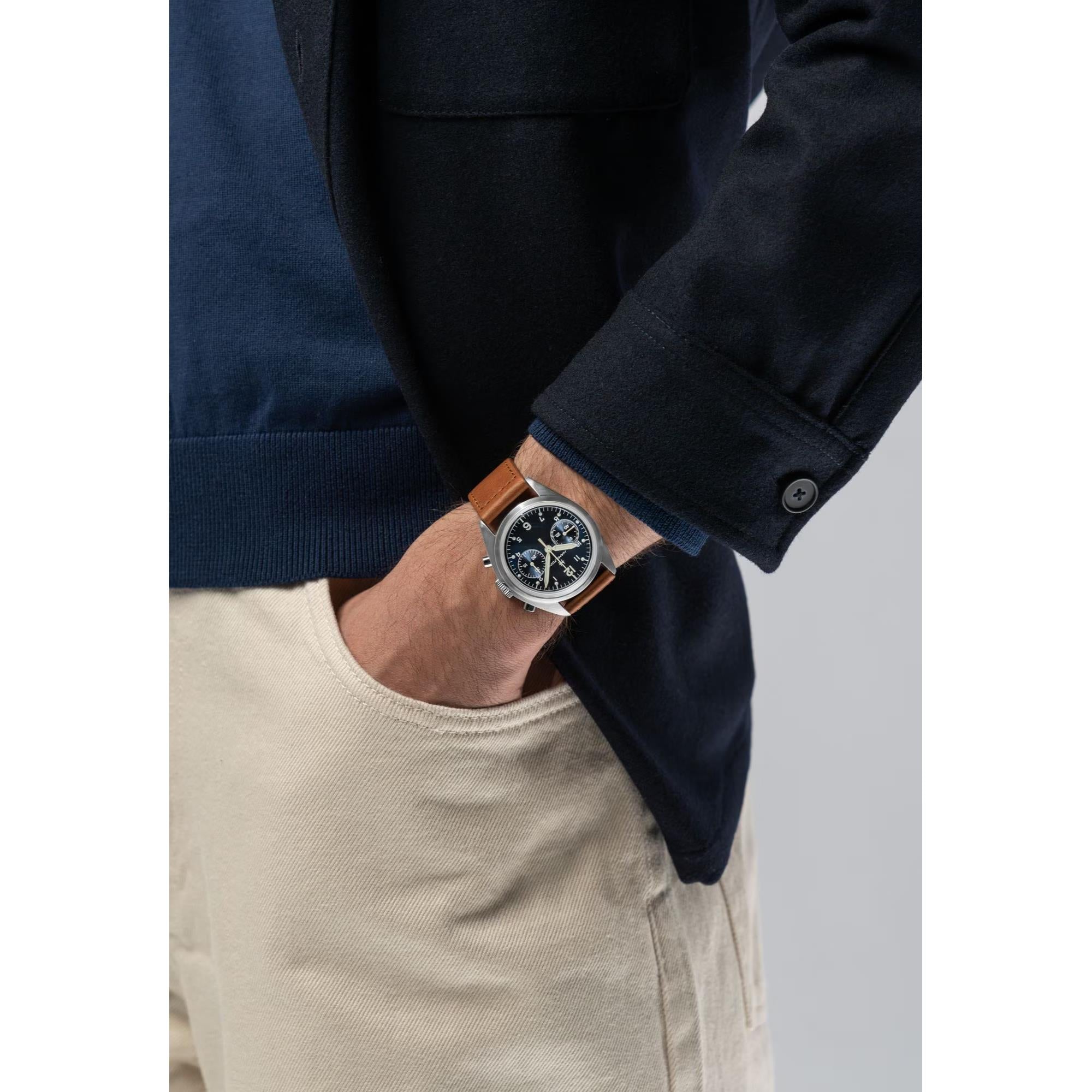 Hamilton Khaki Aviation Pilot Pioneer Mechanical Chronograph Blue Dial Leather Strap Men's Watch H76409540