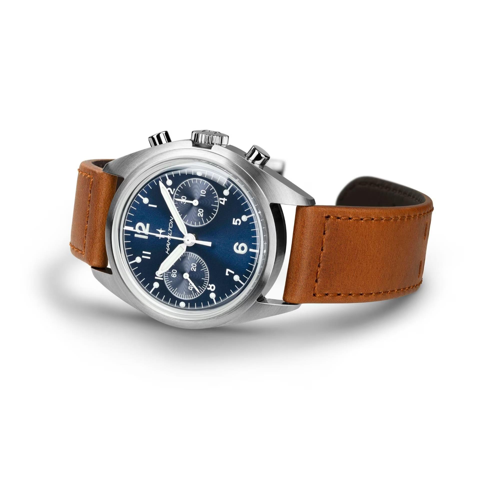 Hamilton Khaki Aviation Pilot Pioneer Mechanical Chronograph Blue Dial Leather Strap Men's Watch H76409540