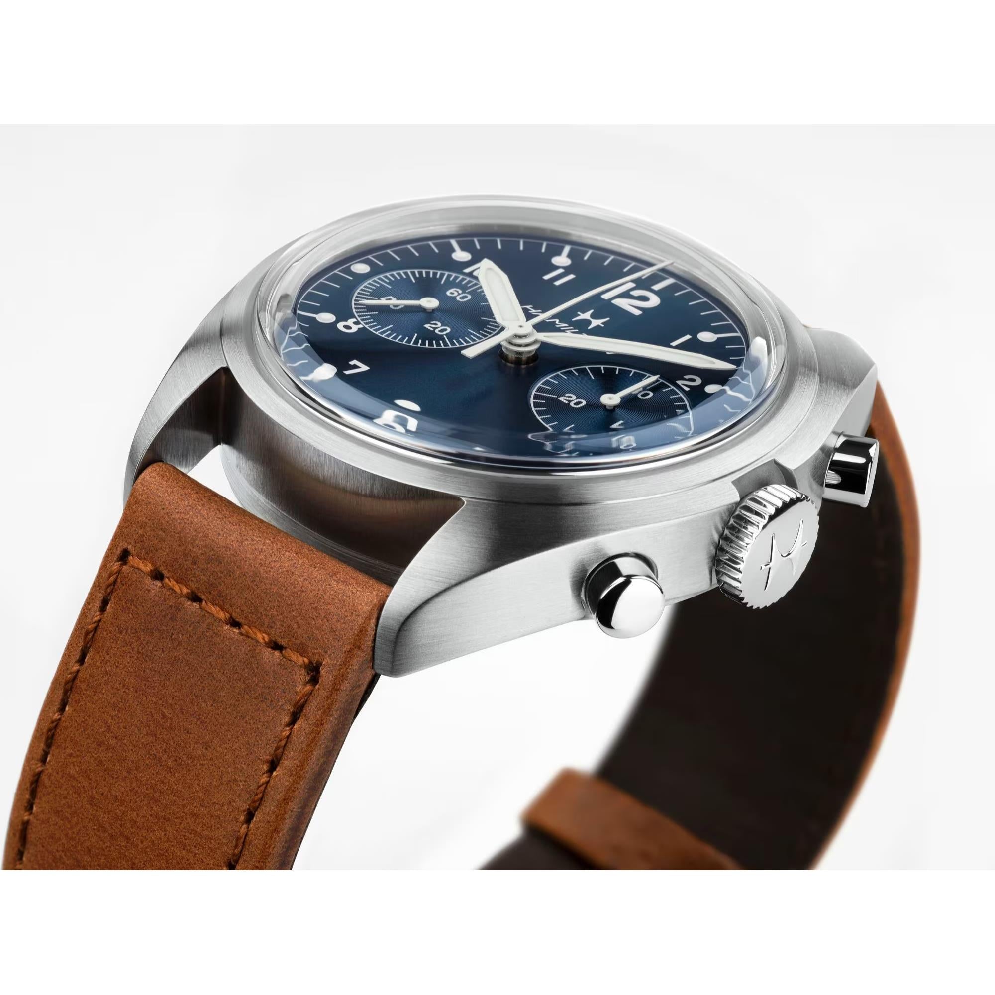 Hamilton Khaki Aviation Pilot Pioneer Mechanical Chronograph Blue Dial Leather Strap Men's Watch H76409540