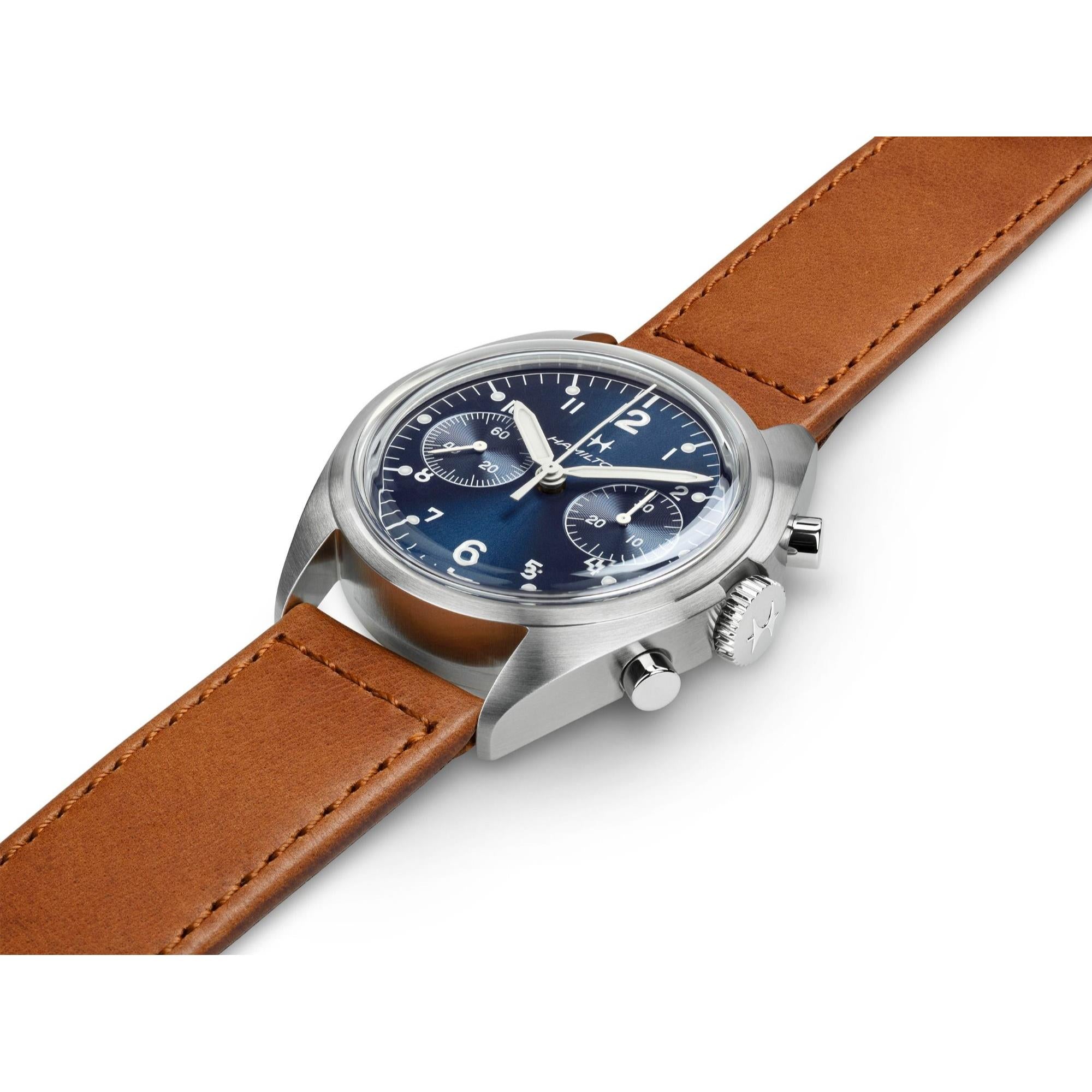 Hamilton Khaki Aviation Pilot Pioneer Mechanical Chronograph Blue Dial Leather Strap Men's Watch H76409540