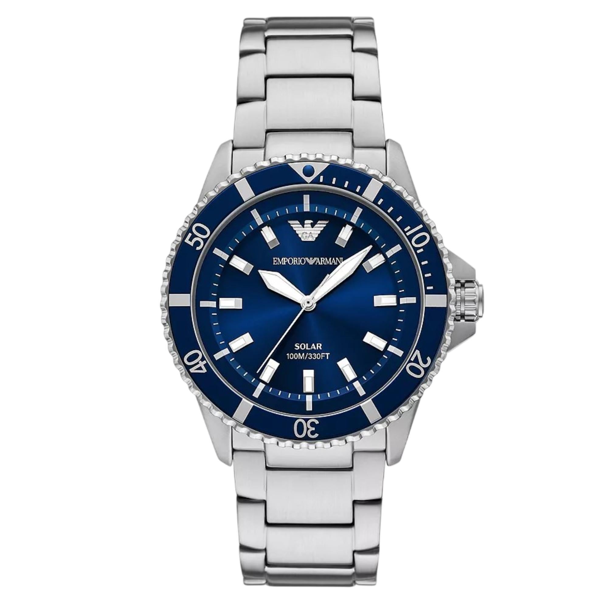 Emporio Armani Diver World Explorer Solar Blue Dial Steel Strap Men's Watch AR11697