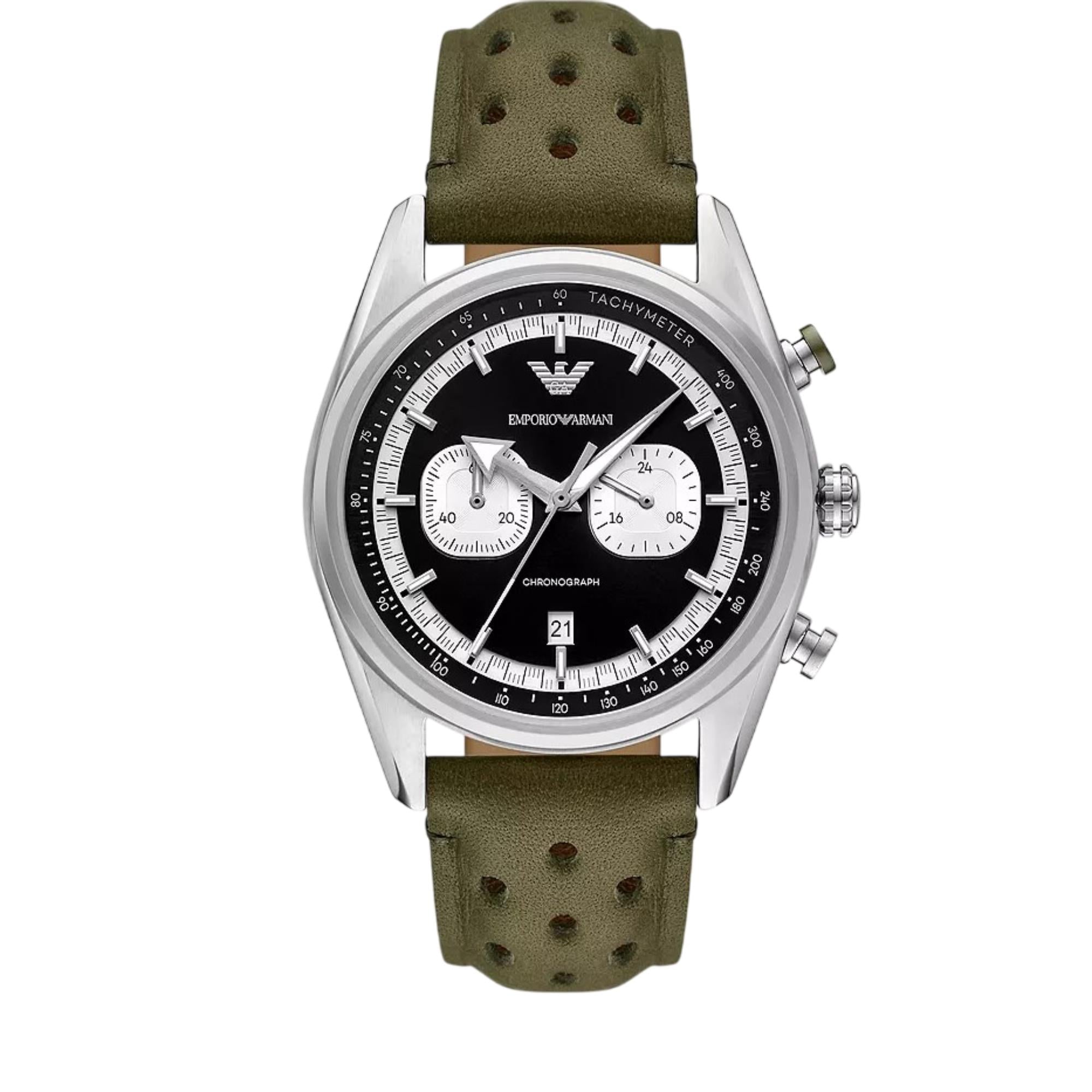 Emporio Armani Racer Chronograph Black Dial Leather Strap Men's Watch AR11709