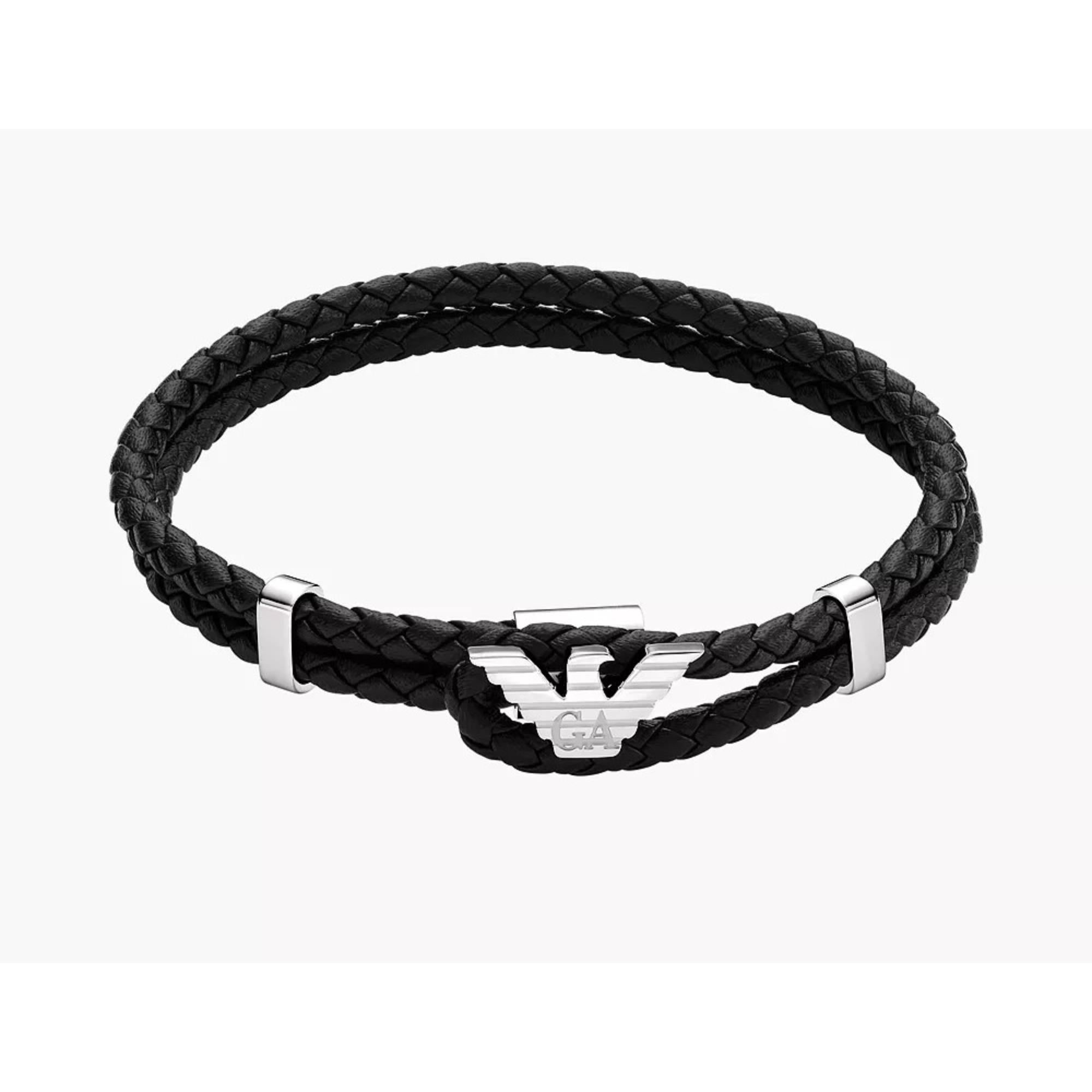 Emporio Armani Black Leather Silver-Tone Mens Bracelet EGS3237040
