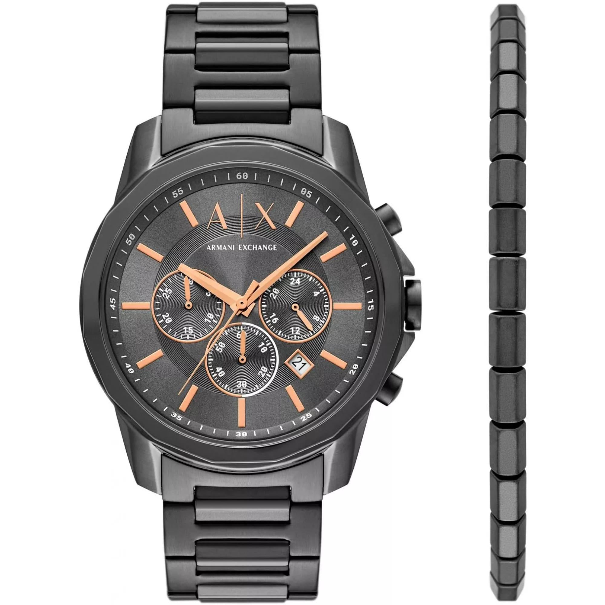 Armani Exchange Banks Chronograph Quartz Grey Dial Steel Strap Men's Watch AX7170SET