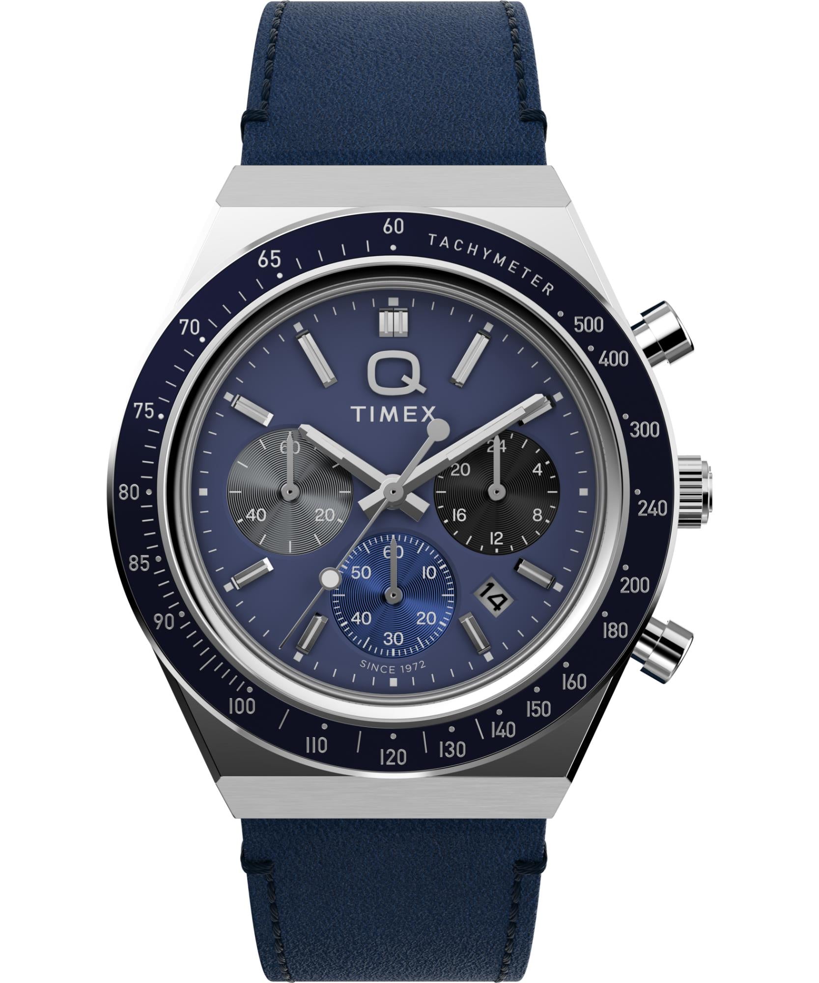 Timex Q Chronograph Quartz Blue Dial Leather Strap Men's Watch TW2Y36100