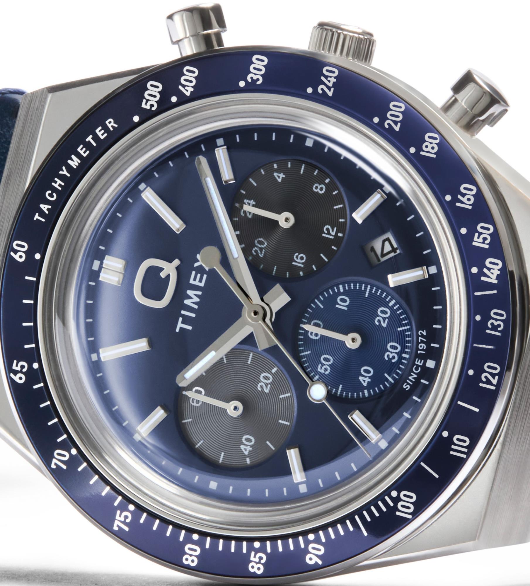 Timex Q Chronograph Quartz Blue Dial Leather Strap Men's Watch TW2Y36100