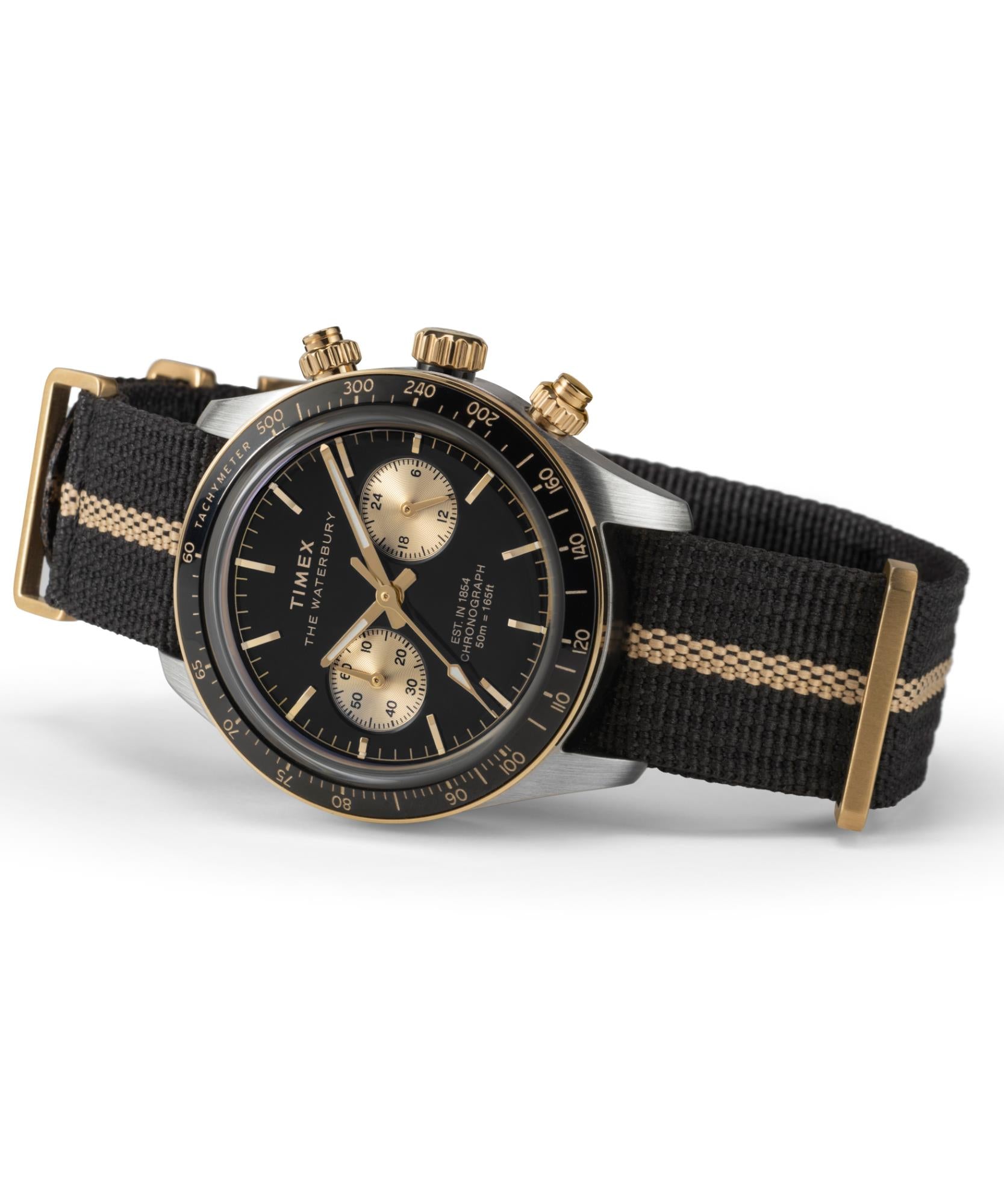 Timex Waterbury Heritage Chronograph Quartz Black Dial Fabric Strap Men's Watch TW2Y35400