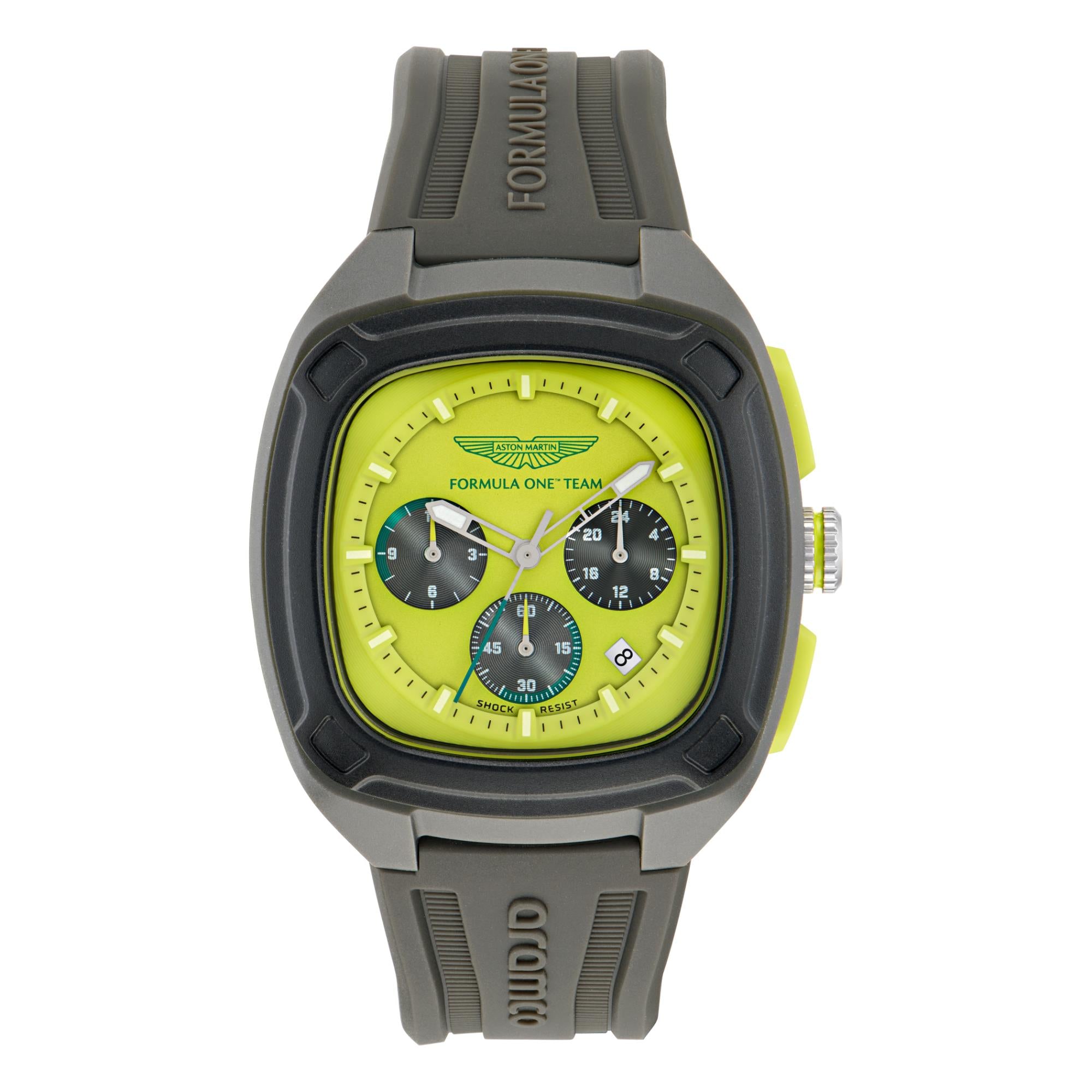 Aston Martin Aramco Formula One Team Quartz Chronograph Yellow Dial Grey Silicone Strap Men's Watch MTFO1F504