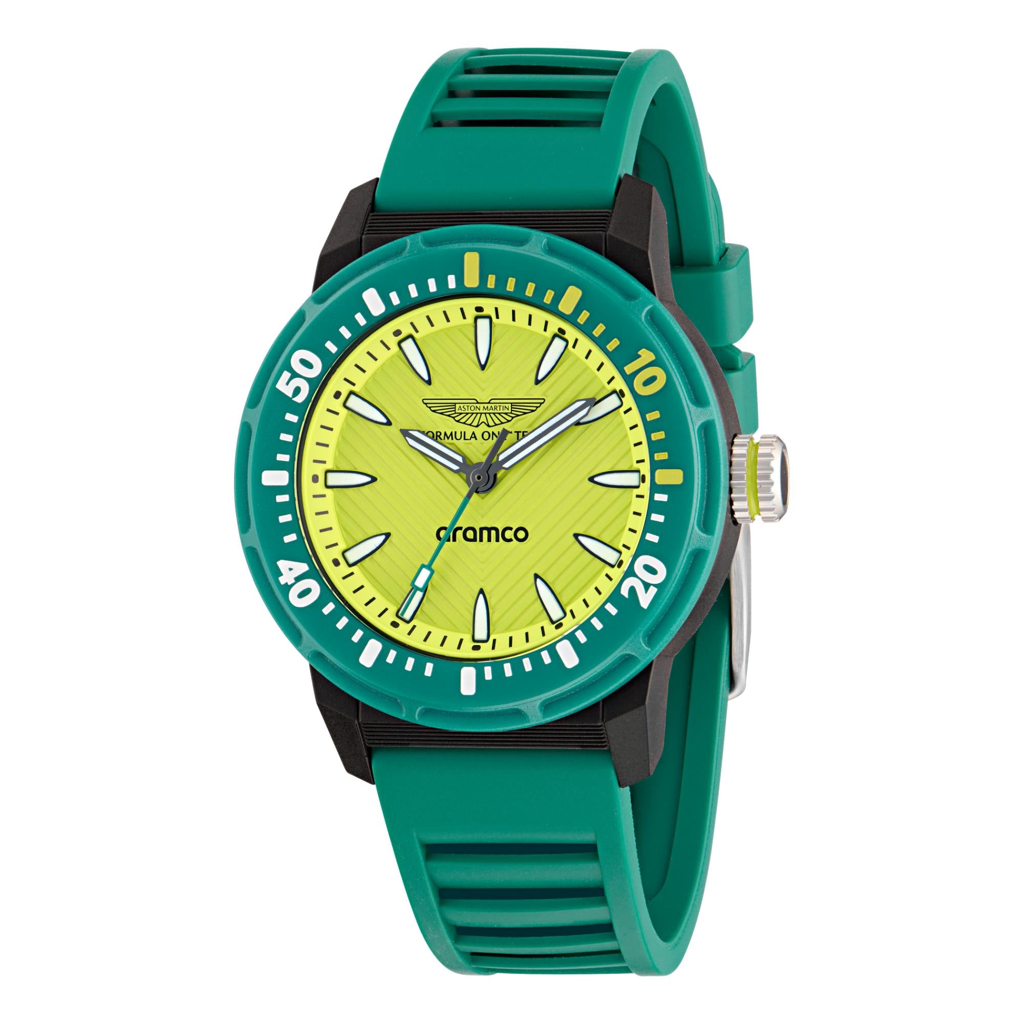 Aston Martin Aramco Formula One Team Yellow Dial Podium Green Silicone Strap Unisex Watch MTFK1F501
