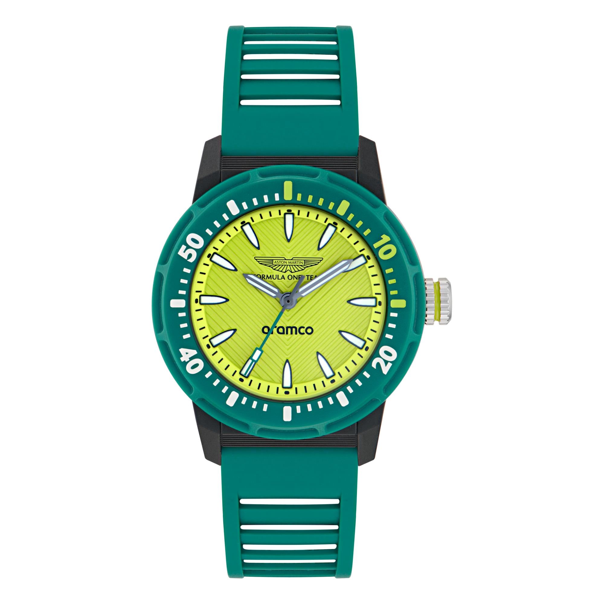 Aston Martin Aramco Formula One Team Yellow Dial Podium Green Silicone Strap Unisex Watch MTFK1F501