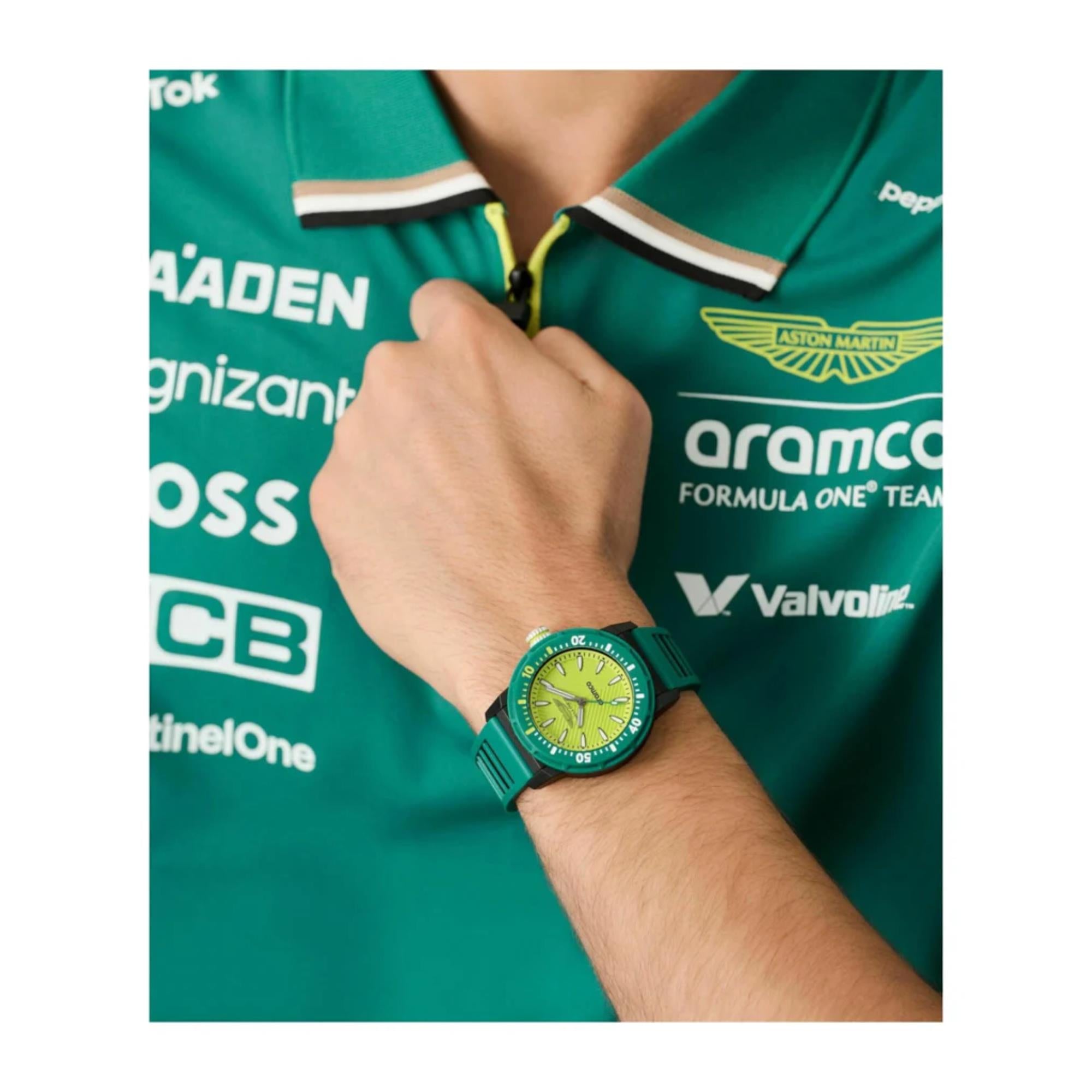 Aston Martin Aramco Formula One Team Yellow Dial Podium Green Silicone Strap Unisex Watch MTFK1F501