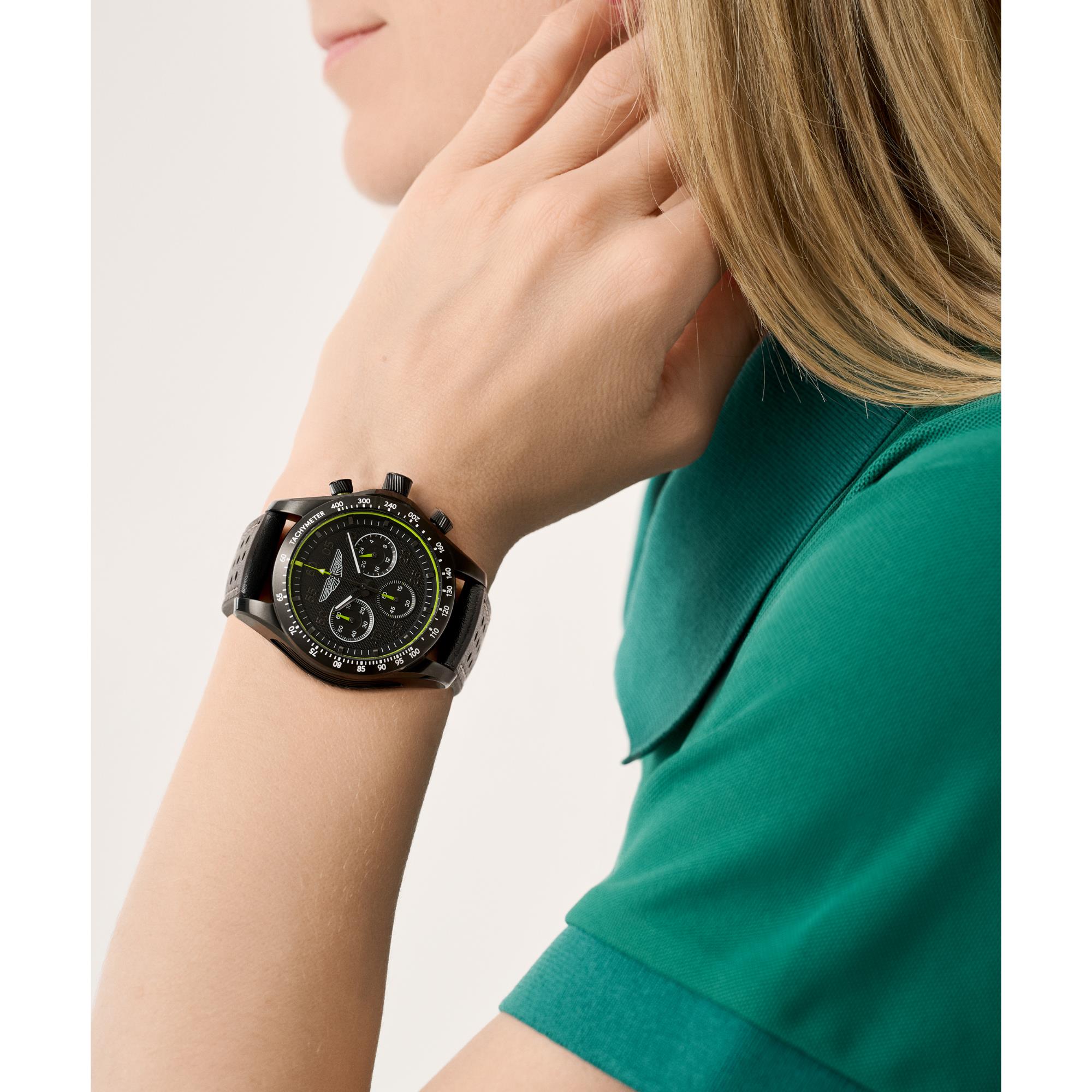 Aston Martin AML Thrill Quartz Chronograph Black Dial Leather Strap Unisex Watch MTRS1F502