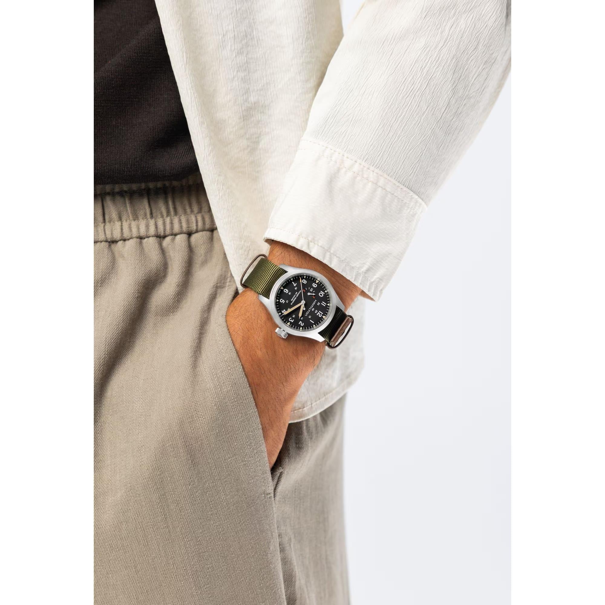 Hamilton Khaki Field Mechanical Power Reserve Black Dial NATO Strap Men's Watch H69509930