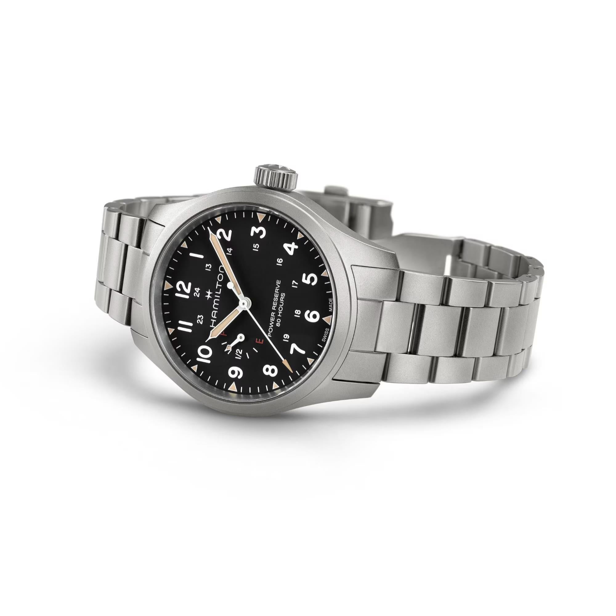 Hamilton Khaki Field Mechanical Power Reserve Black Dial Steel Strap Men's Watch H69509130