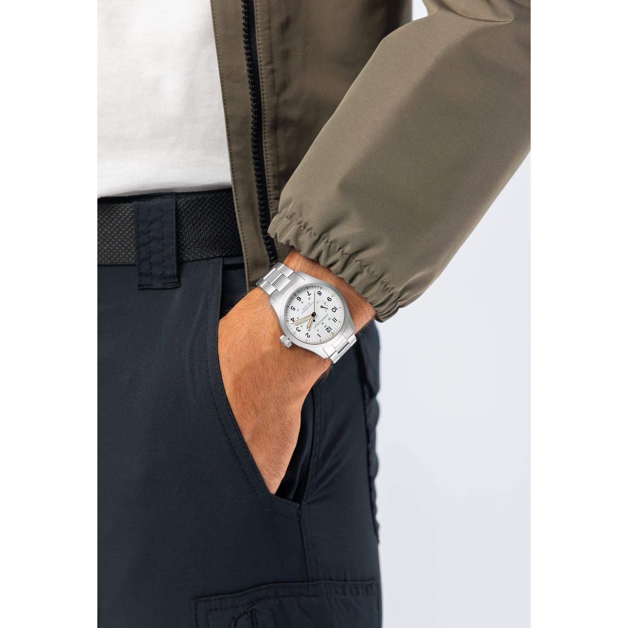 Hamilton Khaki Field Mechanical Power Reserve White Dial Steel Strap Men's Watch H69509110