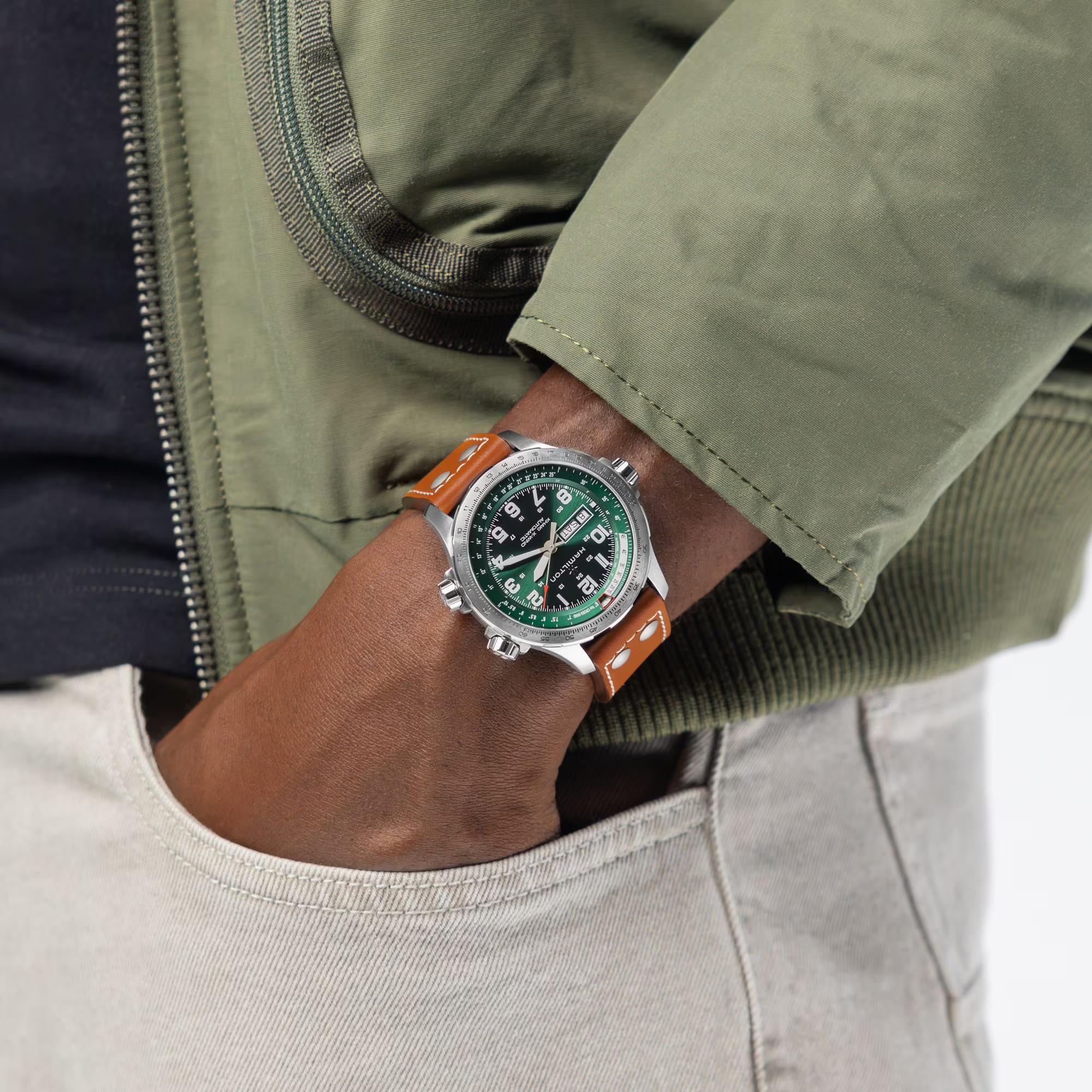 Hamilton Khaki Aviation X-Wind Automatic Green Dial Leather Strap Men's Watch H77735560