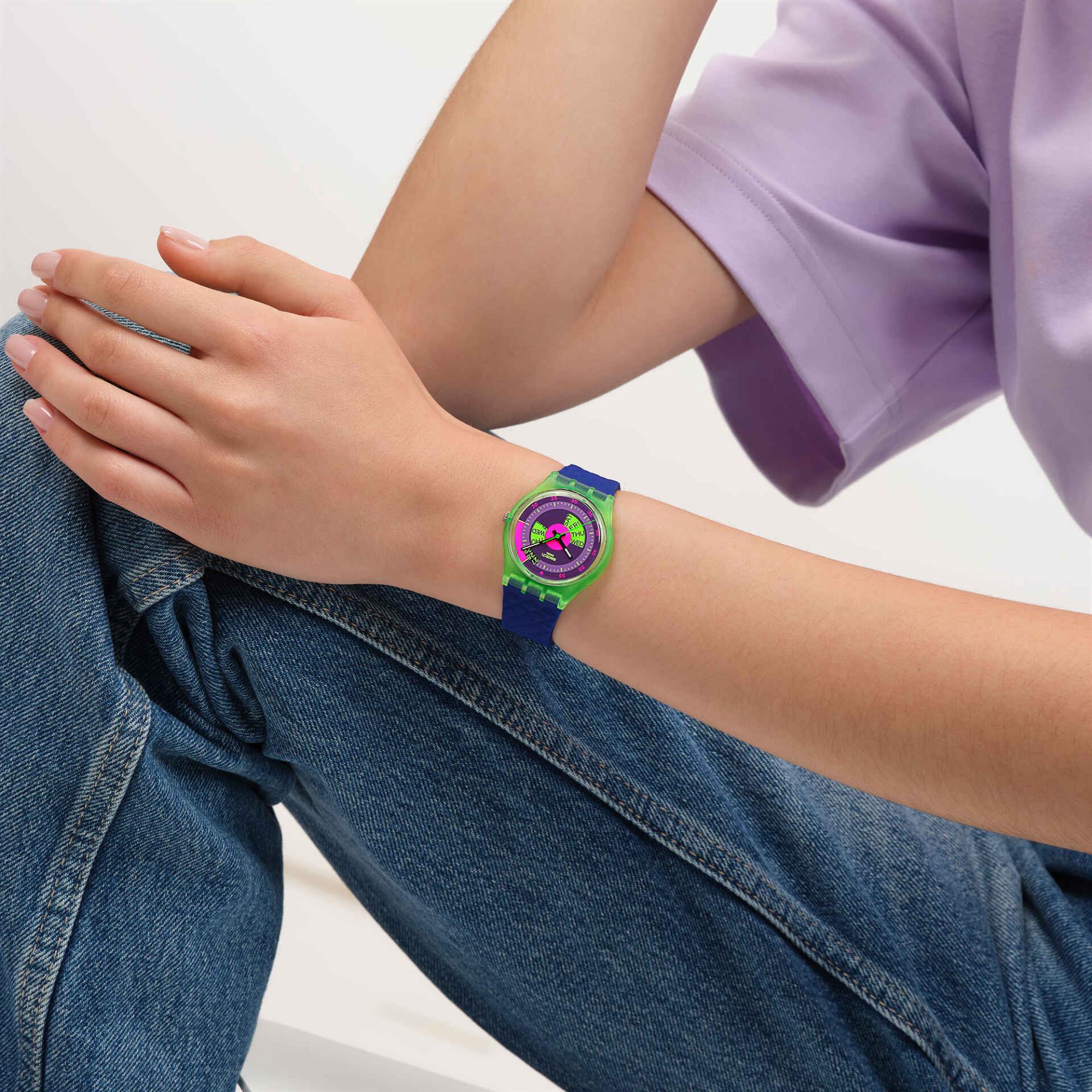 Swatch Originals Neon Skychart Quartz Purple Dial Silicone Strap Unisex Watch SO28G704