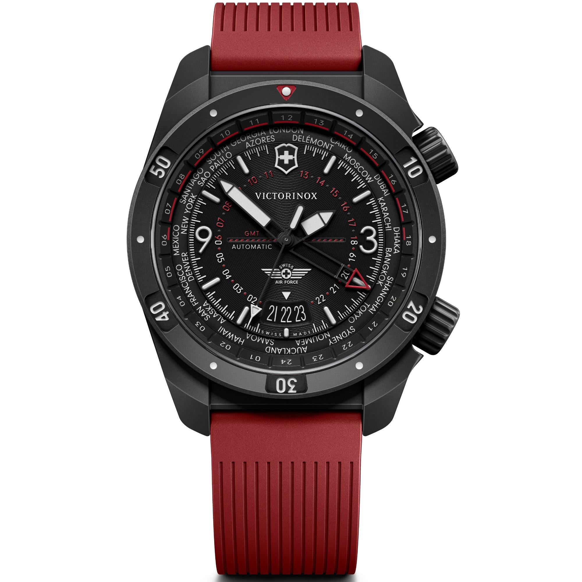 Victorinox Air Pro Automatic GMT Black Dial Rubber Strap Men's Watch 242006