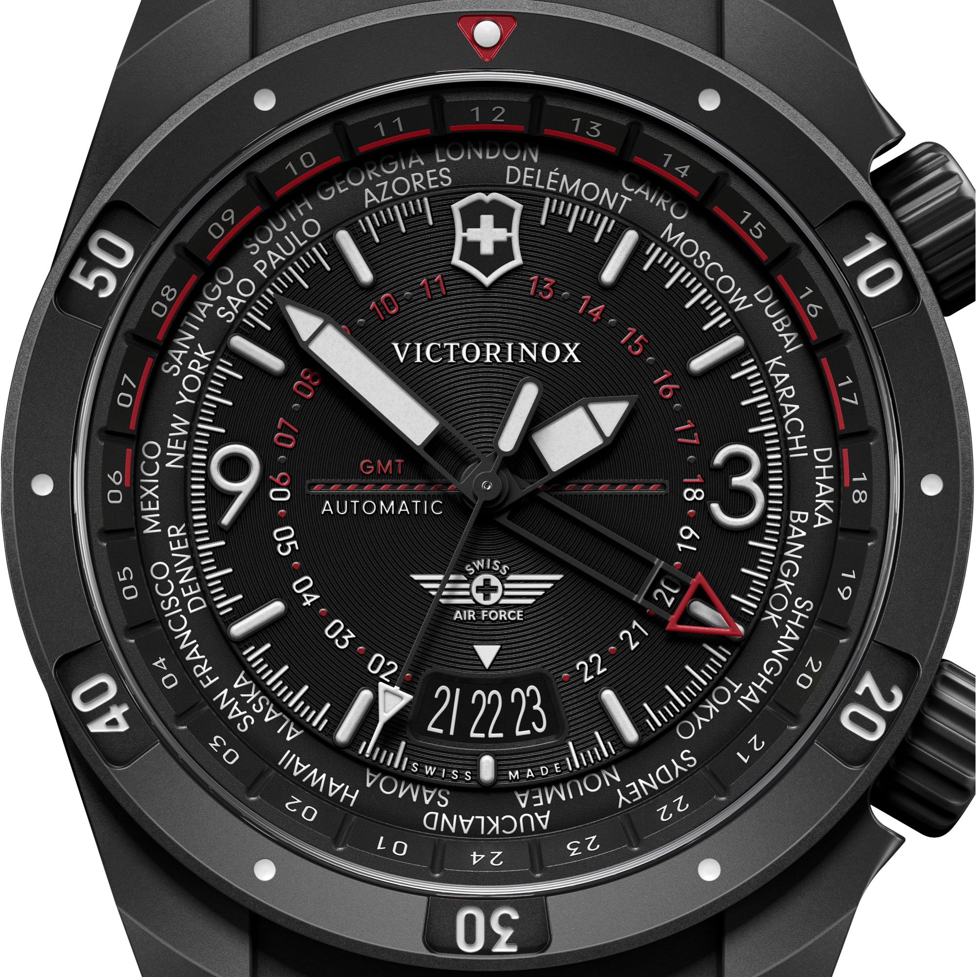 Victorinox Air Pro Automatic GMT Black Dial Rubber Strap Men's Watch 242006