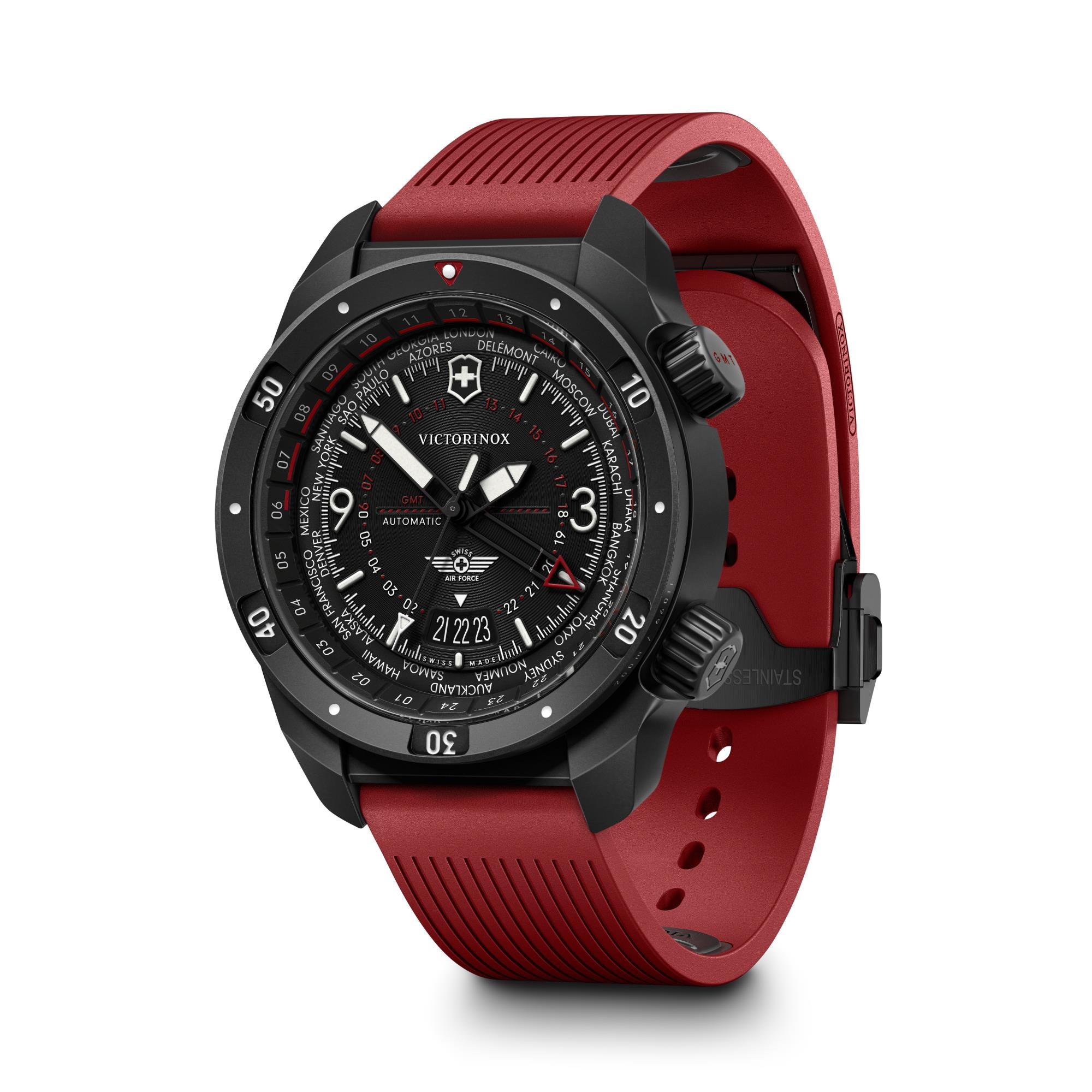 Victorinox Air Pro Automatic GMT Black Dial Rubber Strap Men's Watch 242006