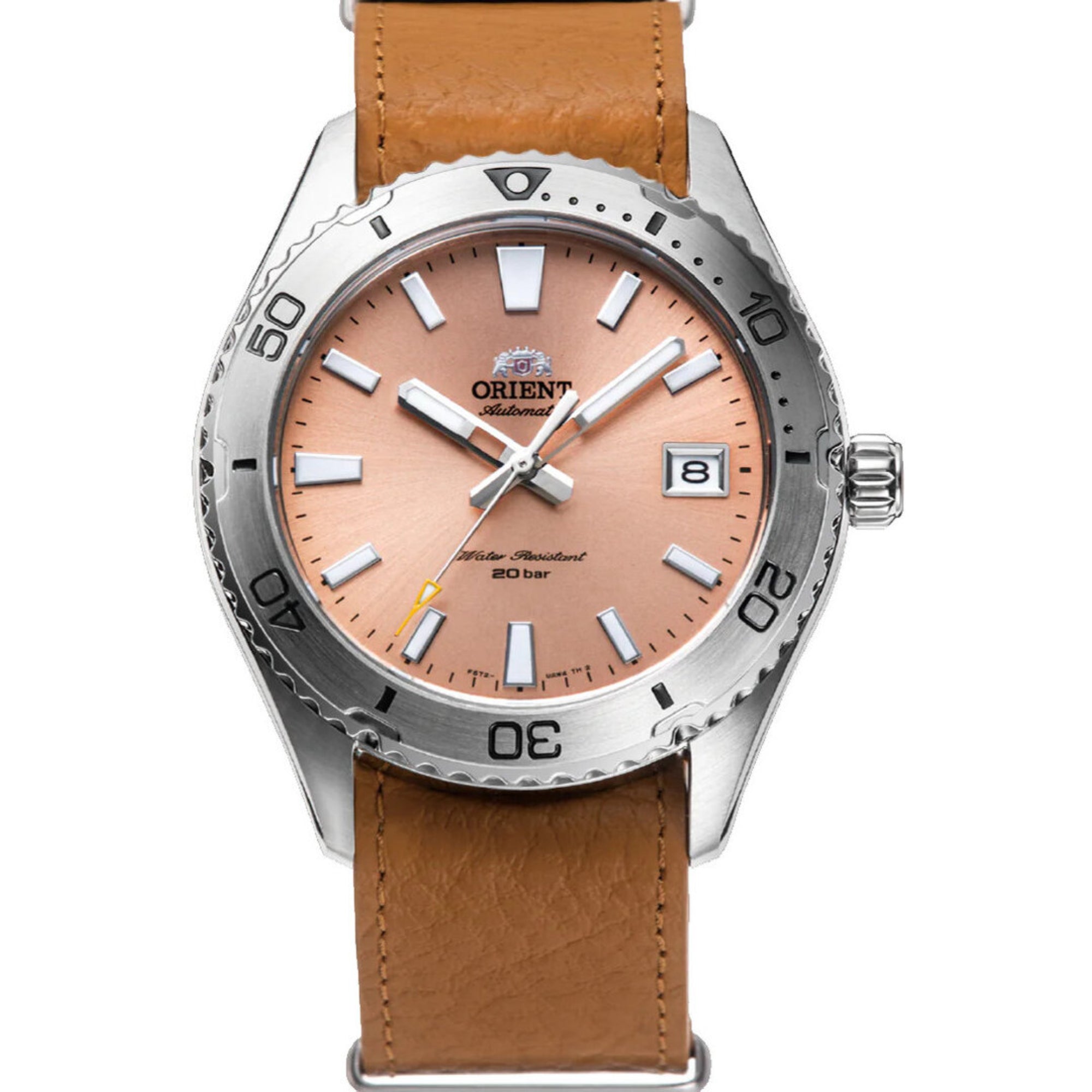 Orient Mako Automatic Apricot Dial Leather Strap Unisex Dive Watch RA-AC0Q05P30B