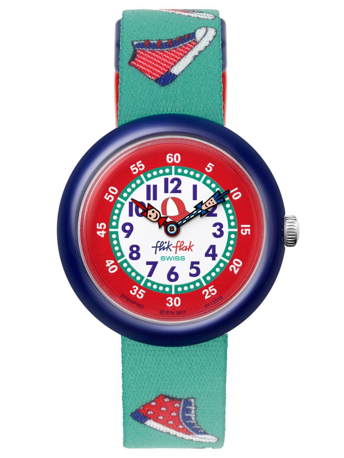 Flik Flak Sneaky Blue Plastic Case Green Textile Strap Kids Boys Shoes Watch FBNP103 32mm