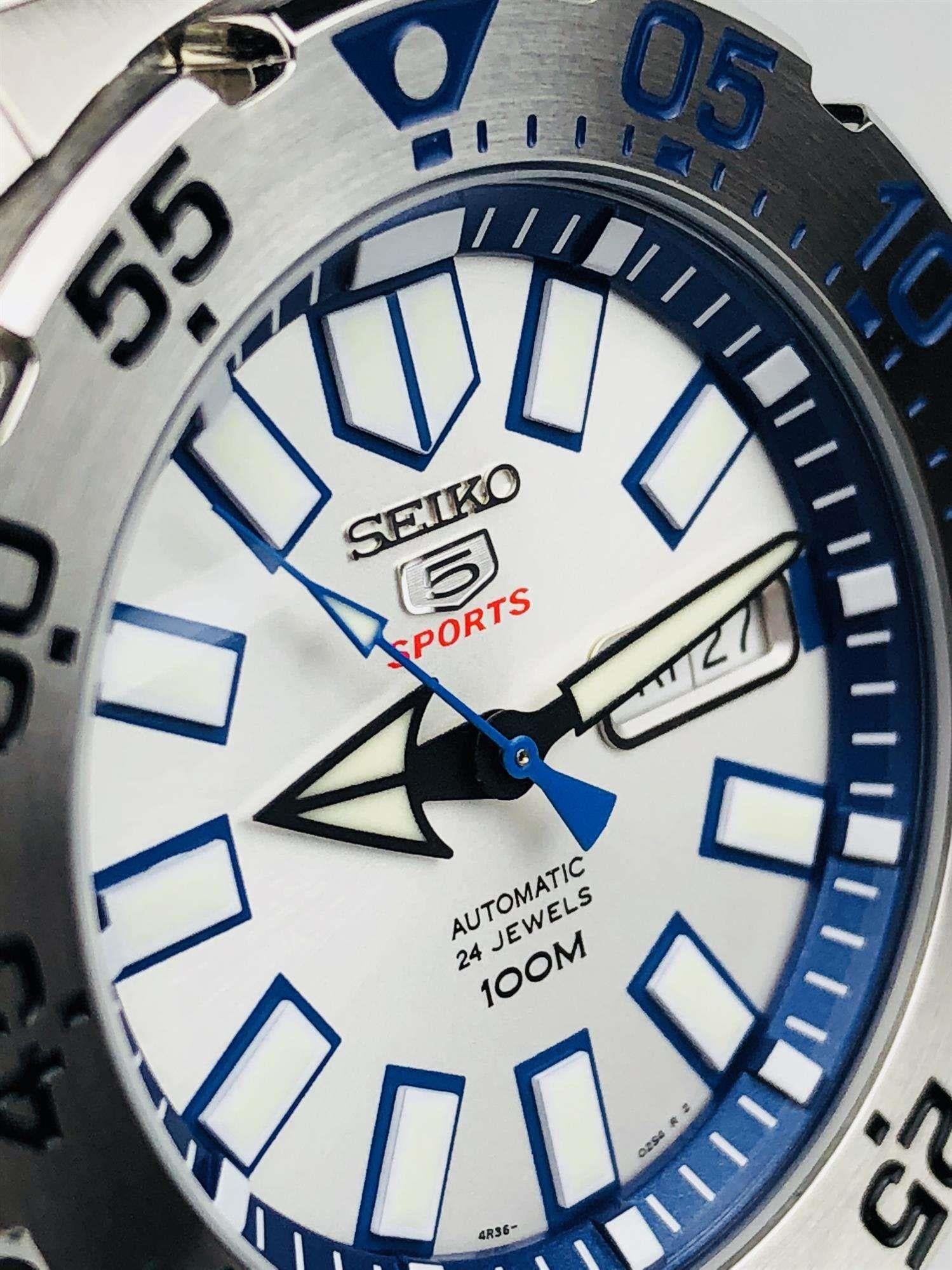 Seiko 5 Sports 'Monster' White Dial Stainless Steel Bracelet Men's Watch SRP481K1