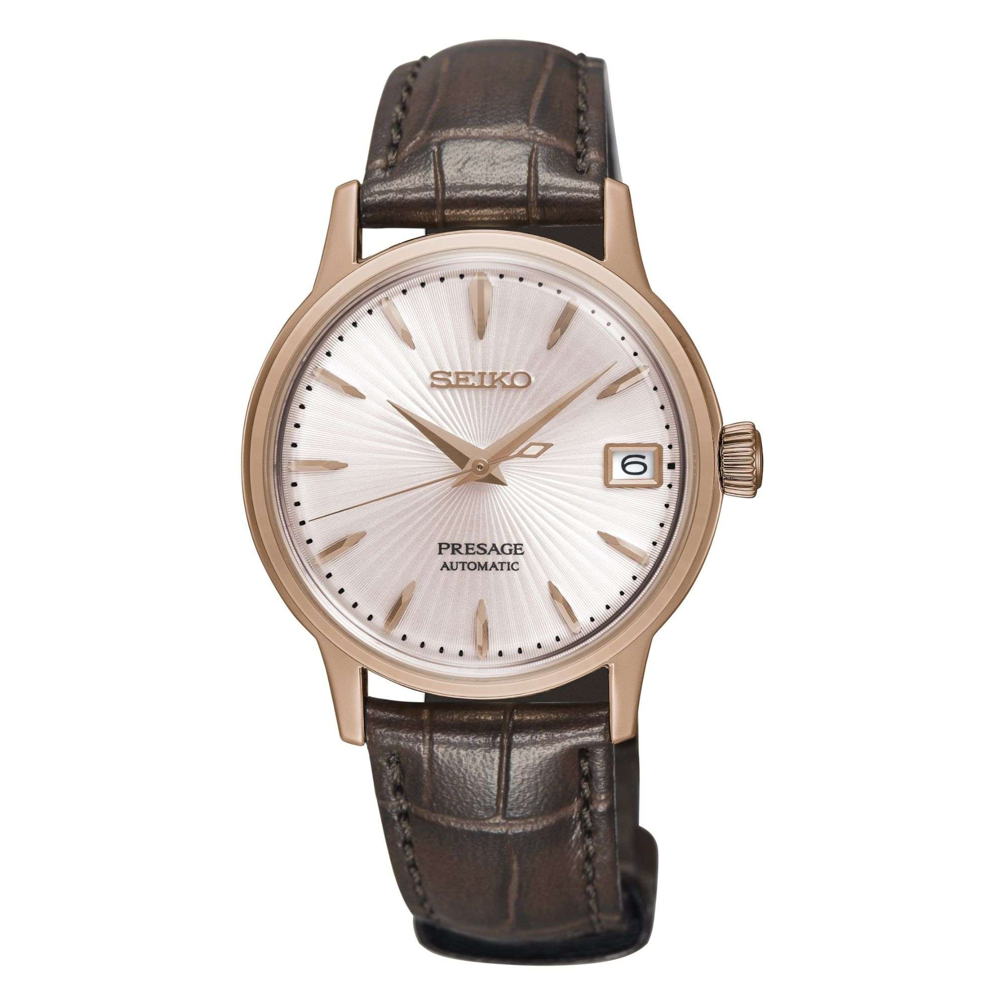 Seiko Presage Cocktail Automatic Rose Gold Silver Dial Brown Leather Strap Ladies Watch SRP852J1