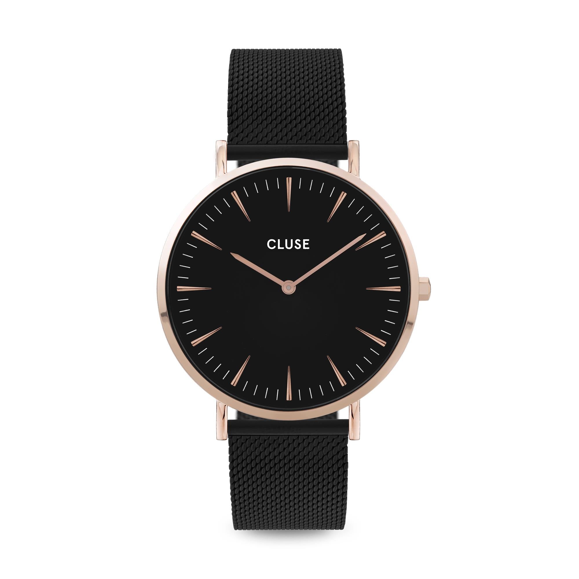 CLUSE La Boheme Rose Gold PVD Stainless Steel Black Silicone Strap Ladies Watch CW0101201010