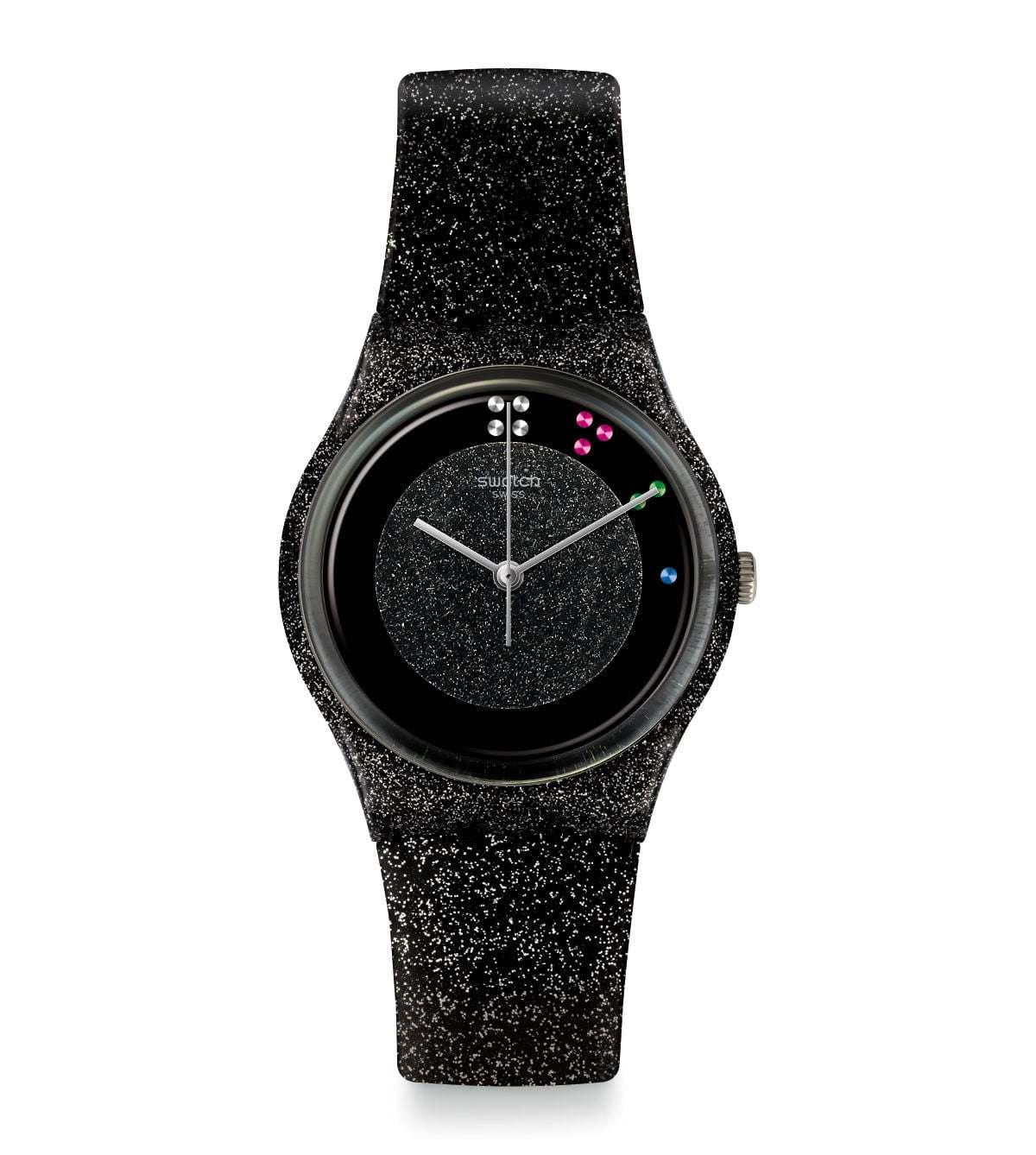 Swatch Scintillante Quartz Black Dial Glittery Leather Strap Ladies Watch GZ335S