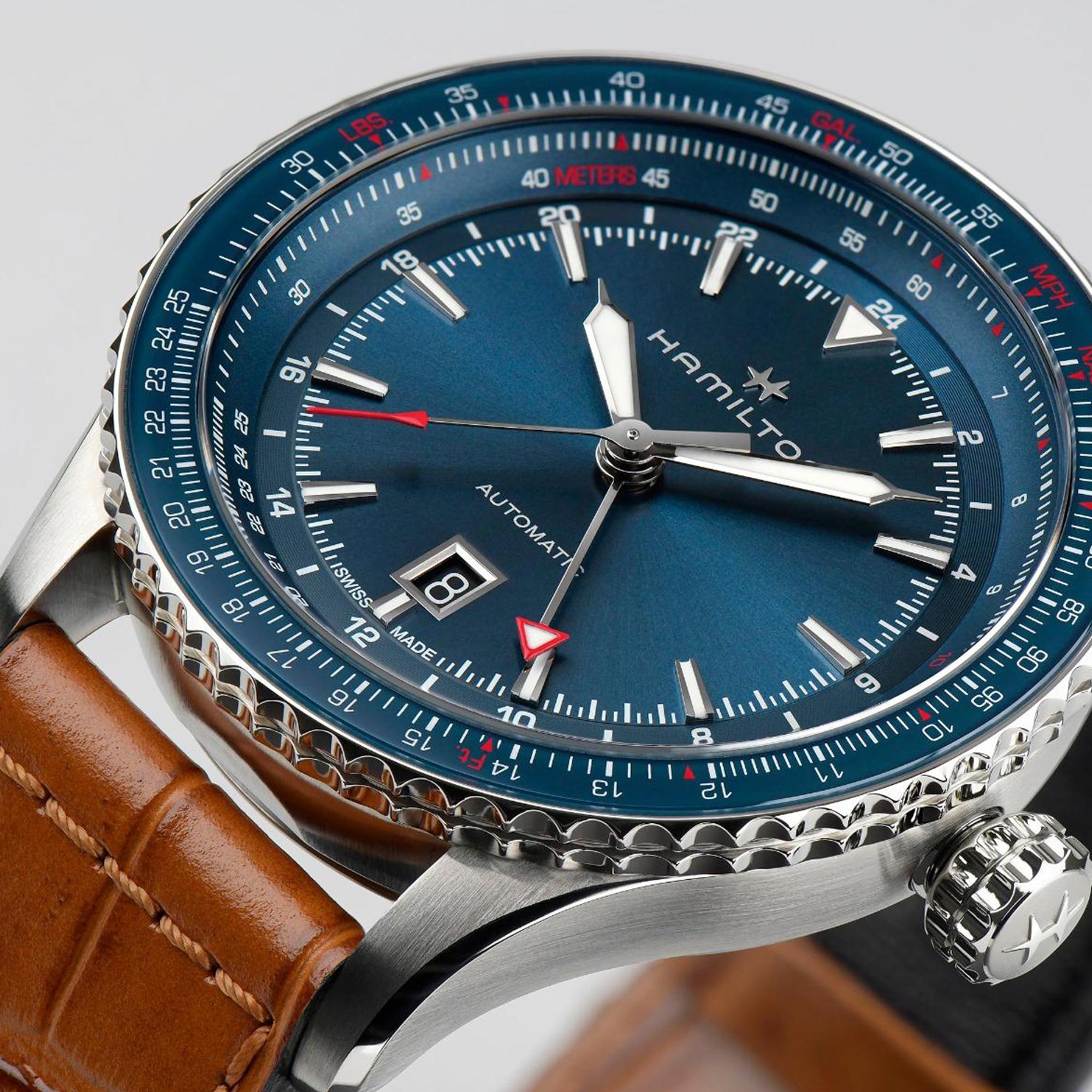 Hamilton Khaki Aviation Converter Automatic GMT Blue Dial Brown Leather Strap Men's Watch H76715540