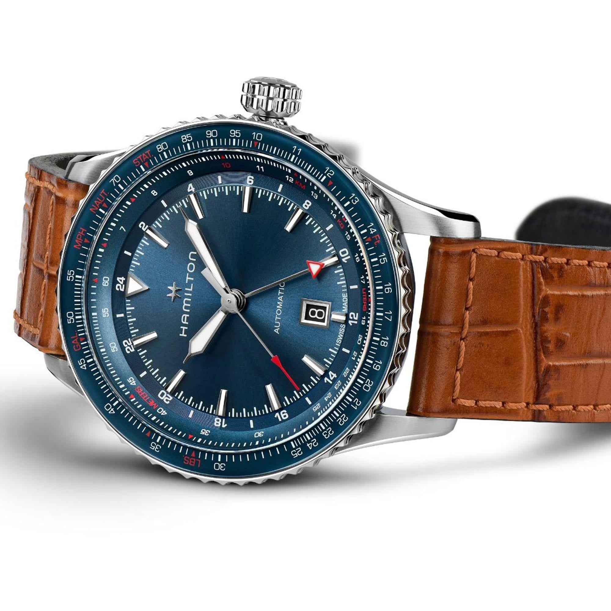 Hamilton Khaki Aviation Converter Automatic GMT Blue Dial Brown Leather Strap Men's Watch H76715540