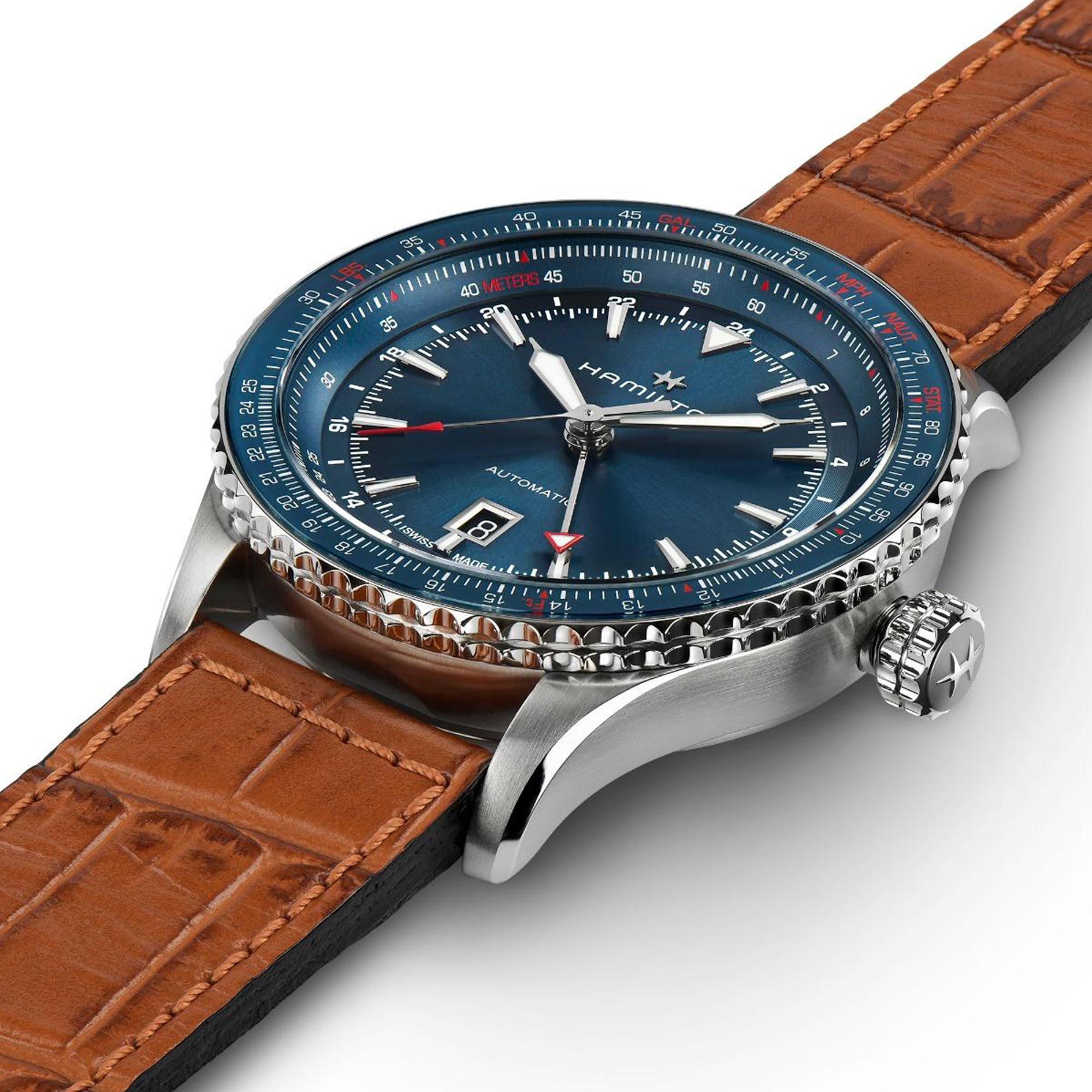 Hamilton Khaki Aviation Converter Automatic GMT Blue Dial Brown Leather Strap Men's Watch H76715540