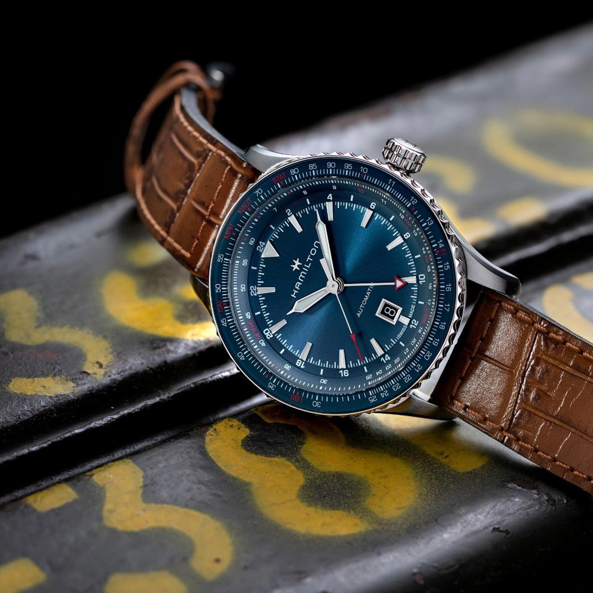 Hamilton Khaki Aviation Converter Automatic GMT Blue Dial Brown Leather Strap Men's Watch H76715540