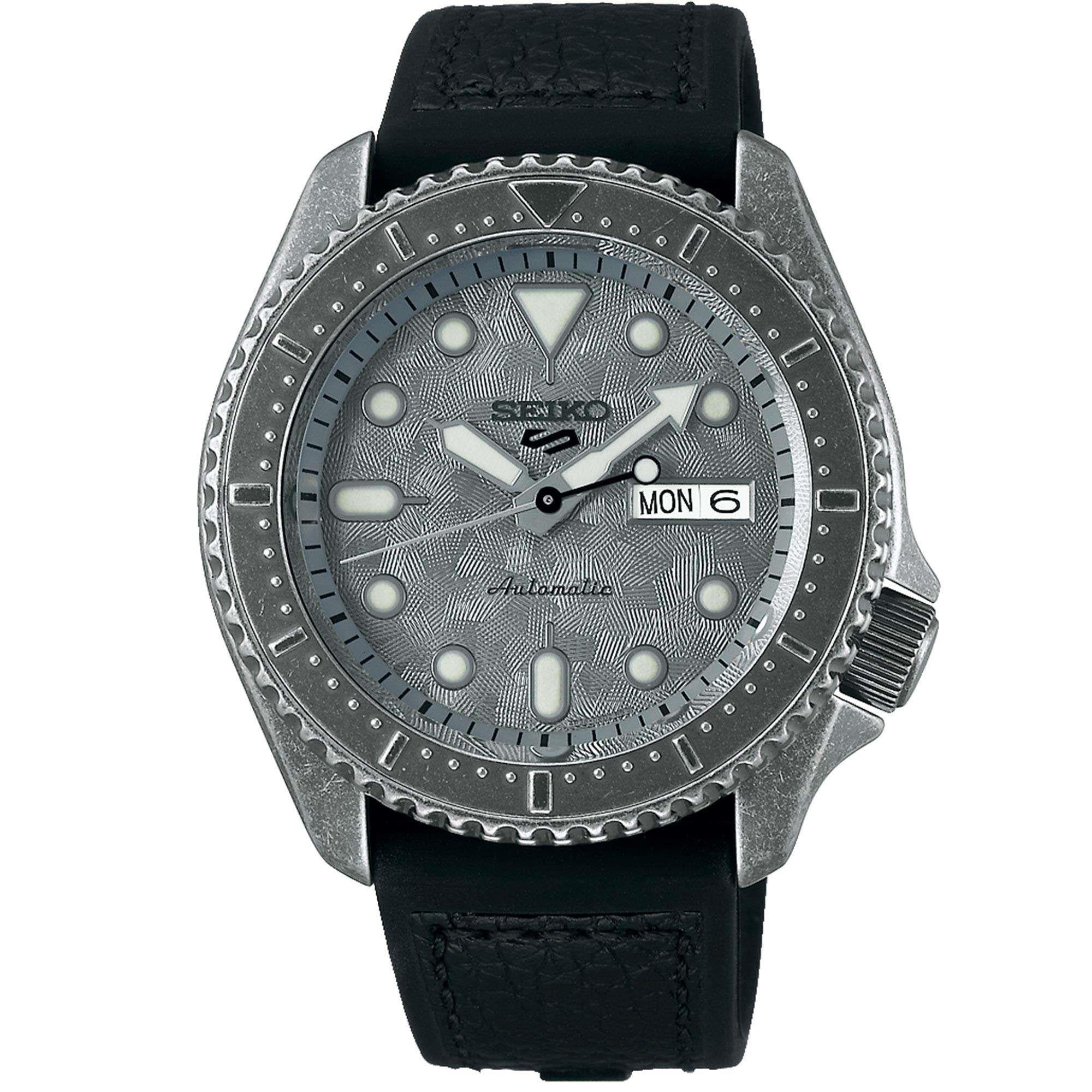 Seiko 5 Sports Silver Dial Black Leather Strap Men's Watch SRPE79K1