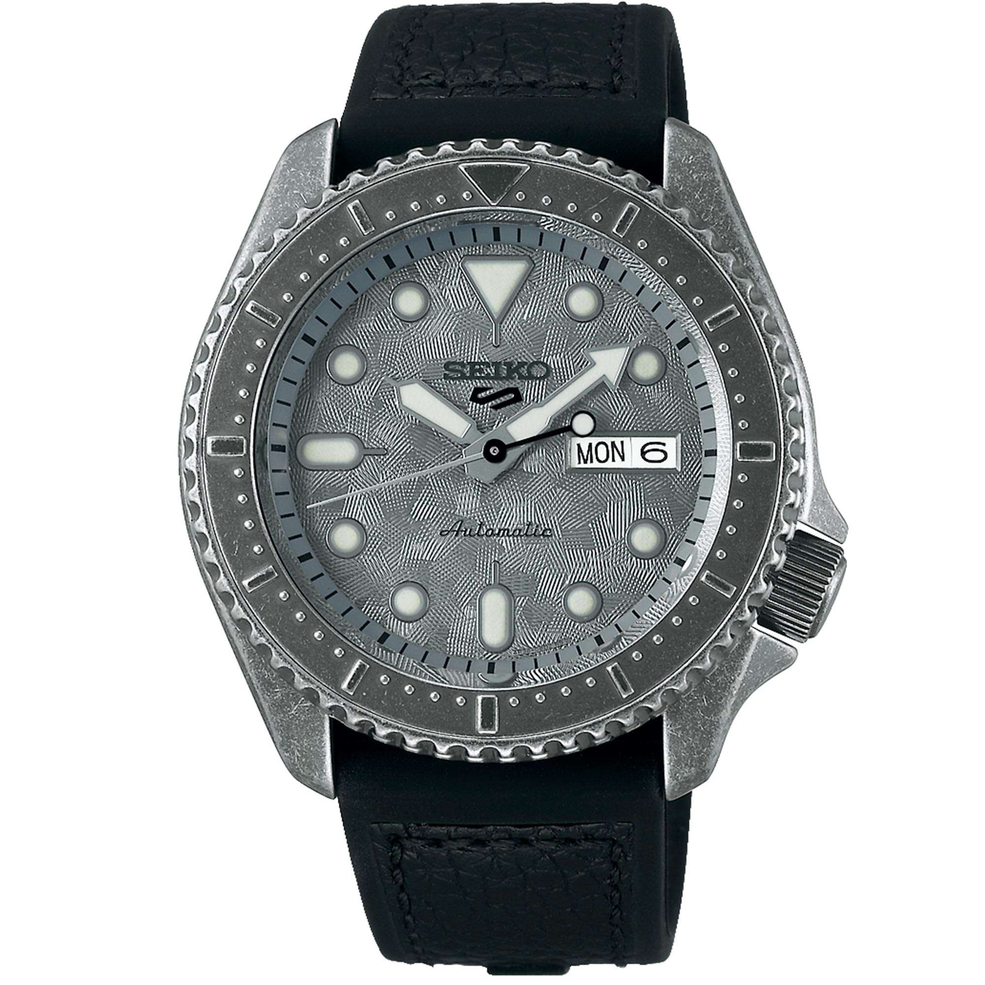 Seiko 5 Sports Silver Dial Black Leather Strap Men's Watch SRPE79K1