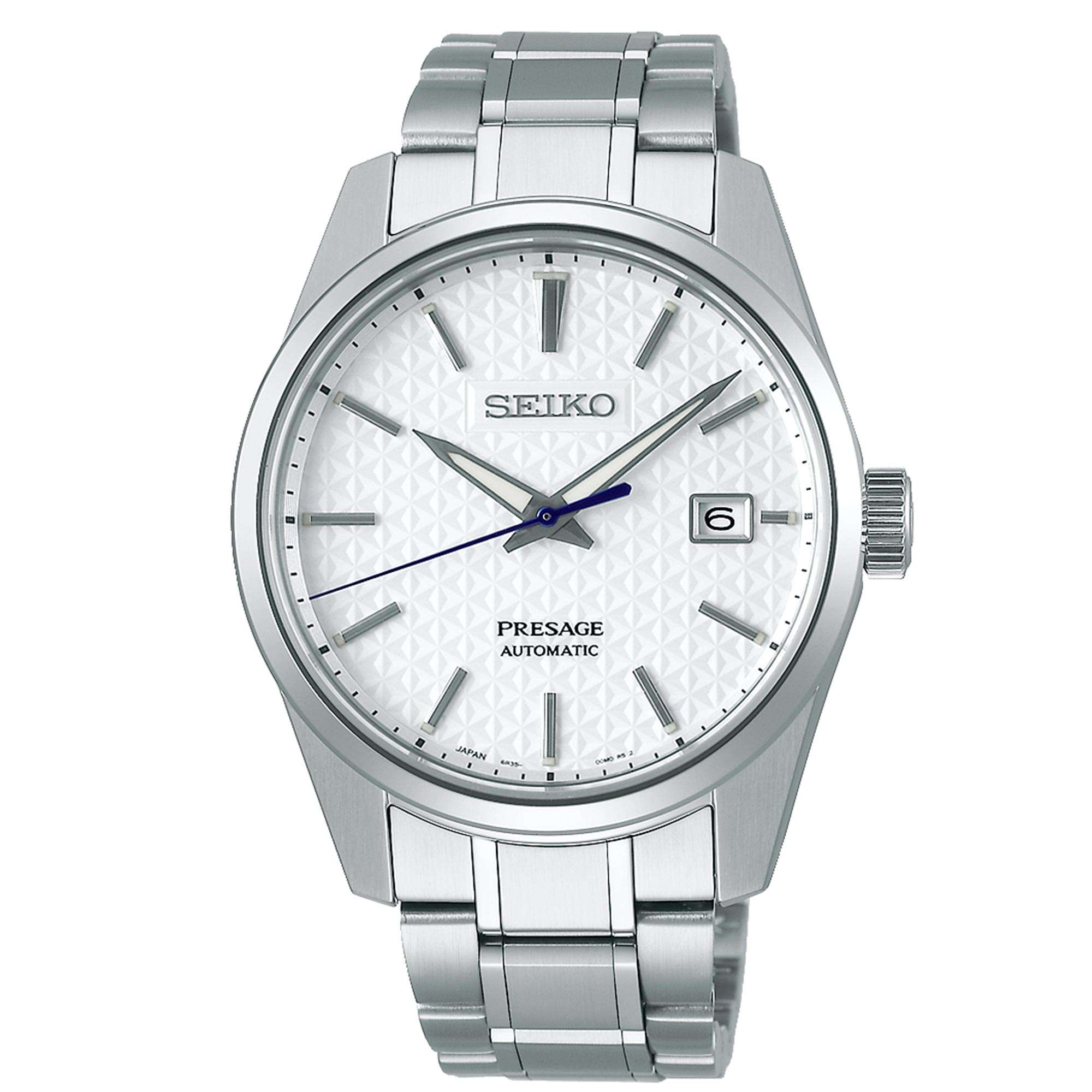 Seiko Presage Sharp Edge Series White Dial Silver Stainless Steel Bracelet Automatic Men's Watch SPB165J1