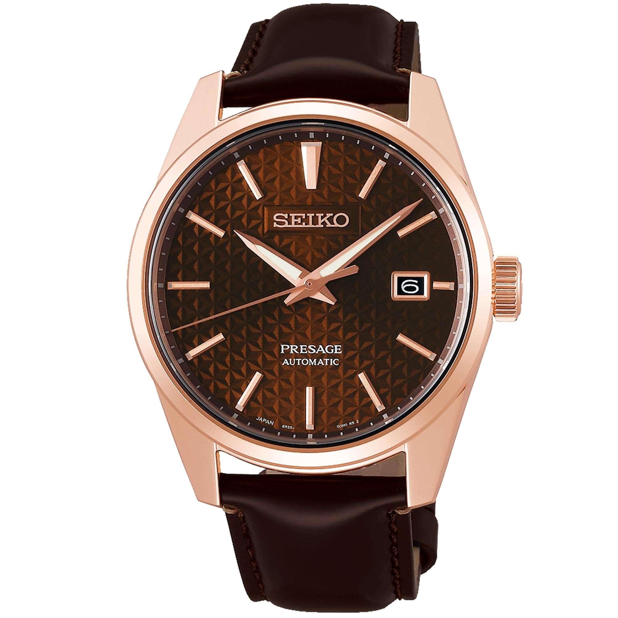 Seiko Presage Sharp Edge Series Brown Dial Rose Gold Leather Strap Automatic Men's Watch SPB170J1