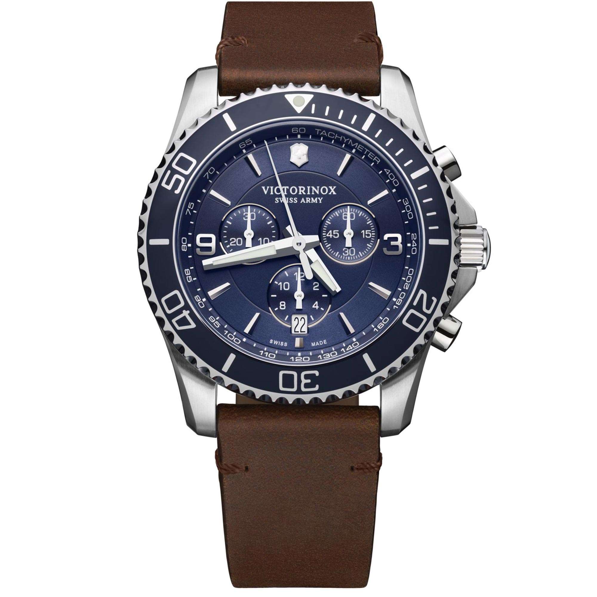 Victorinox Maverick Quartz Blue Dial Brown Leather Strap Watch 241865