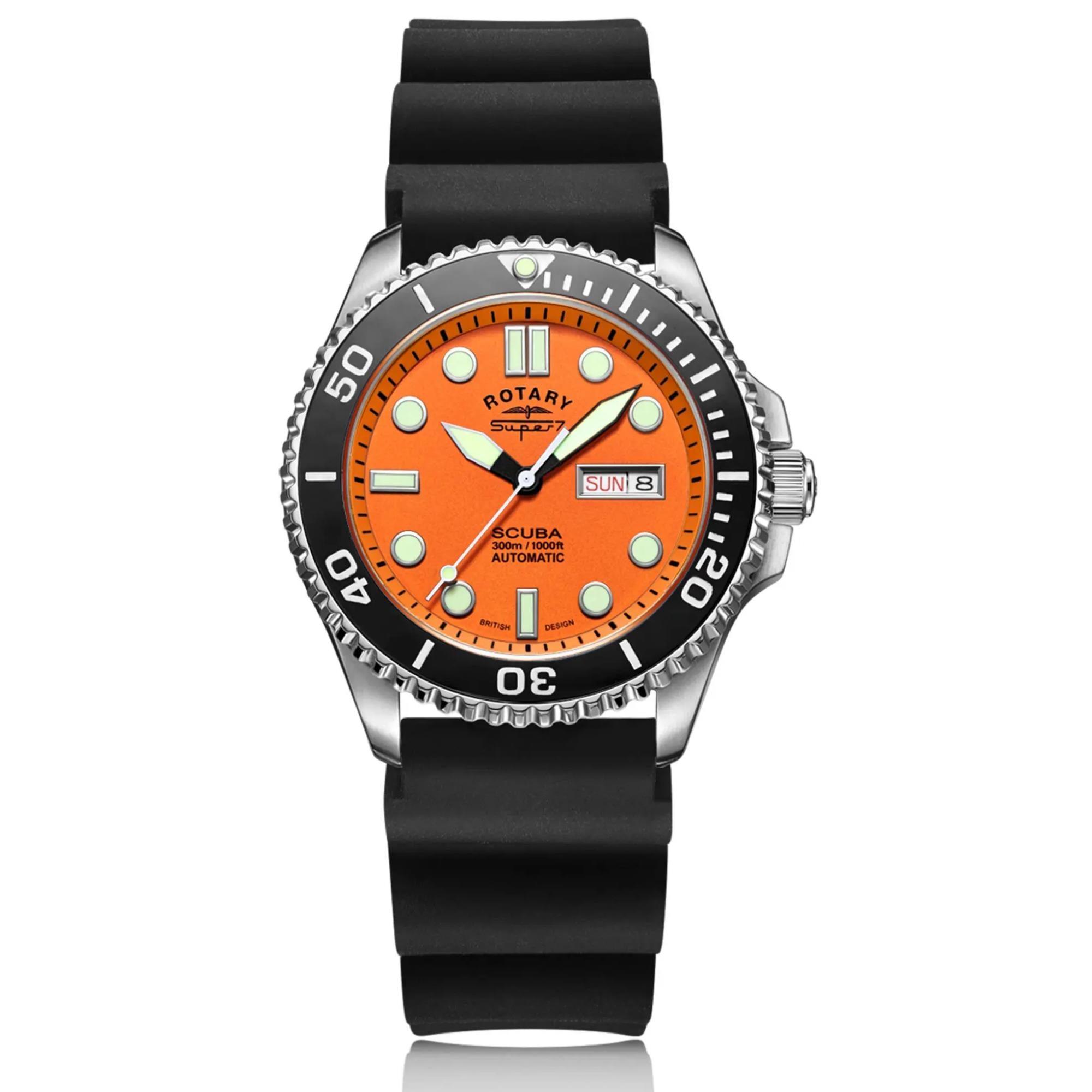 Rotary Super 7 SCUBA Automatic Orange Dial Ceramic Bezel Silicone Strap Men's Dive Watch S7S002S