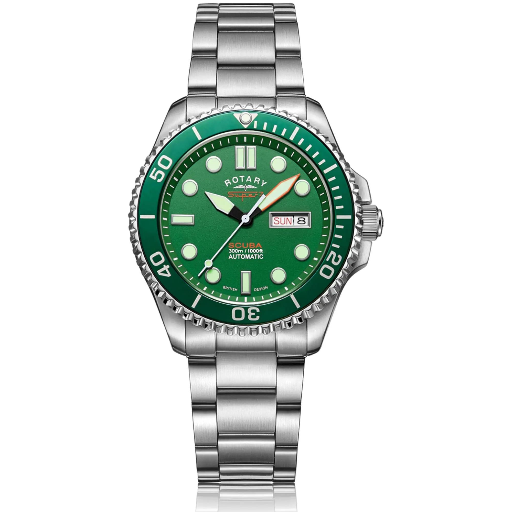 Rotary Super 7 SCUBA 'Hulk' Automatic Green Dial Silver Stainless Steel Bracelet Men's Dive Watch S7S003B