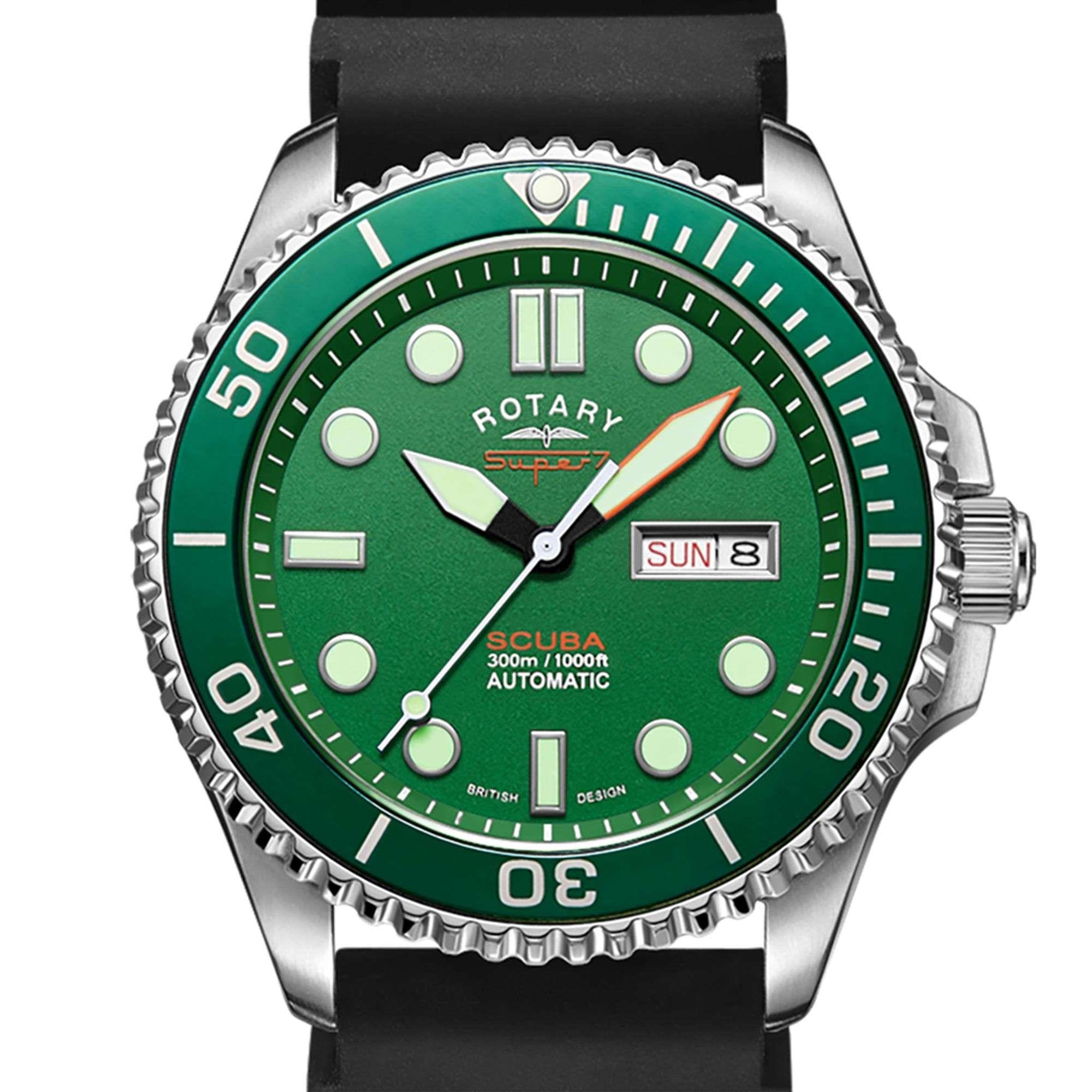 Rotary Super 7 SCUBA Hulk Automatic Green Dial Silicone Strap Men's Dive Watch S7S003S