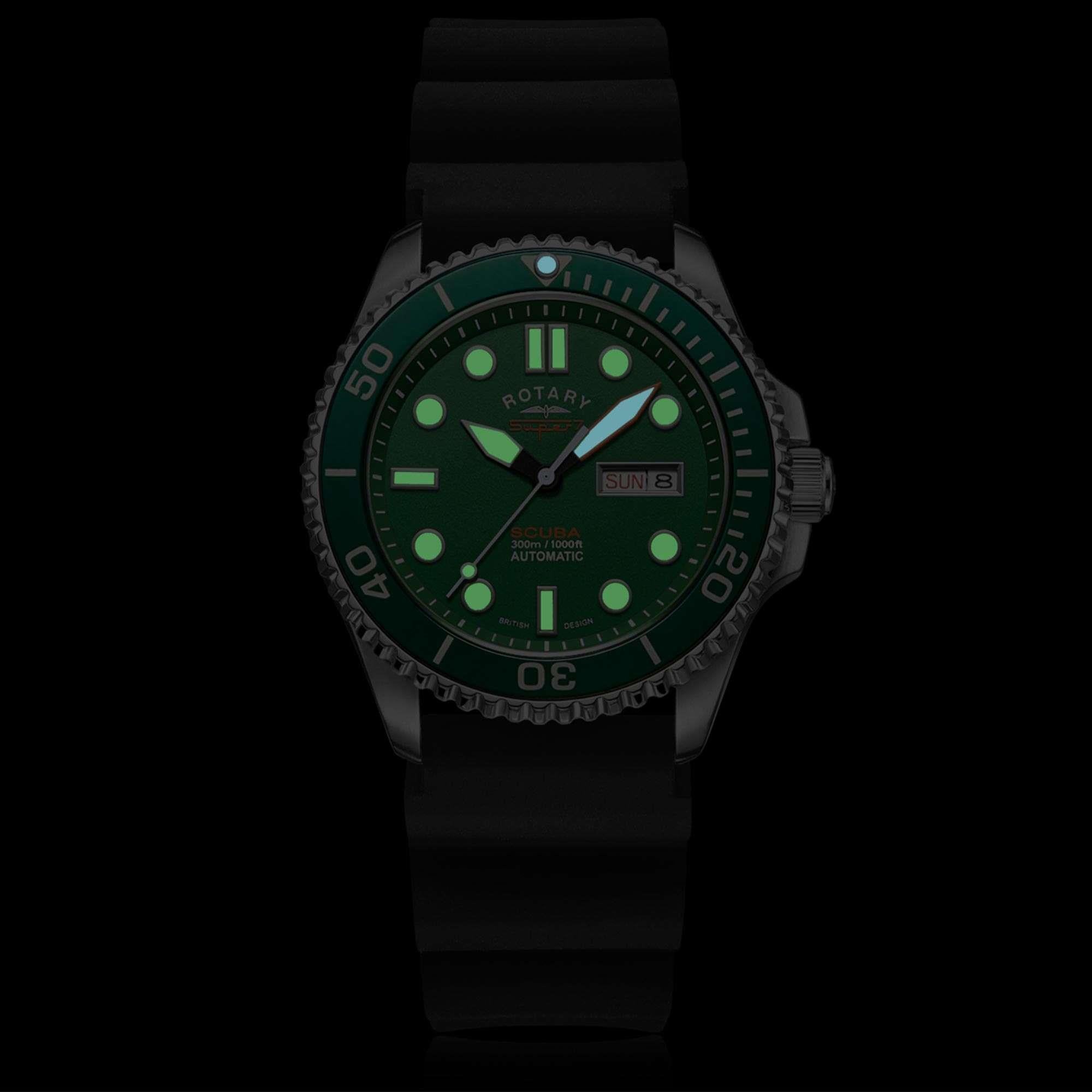 Rotary Super 7 SCUBA Hulk Automatic Green Dial Silicone Strap Men's Dive Watch S7S003S