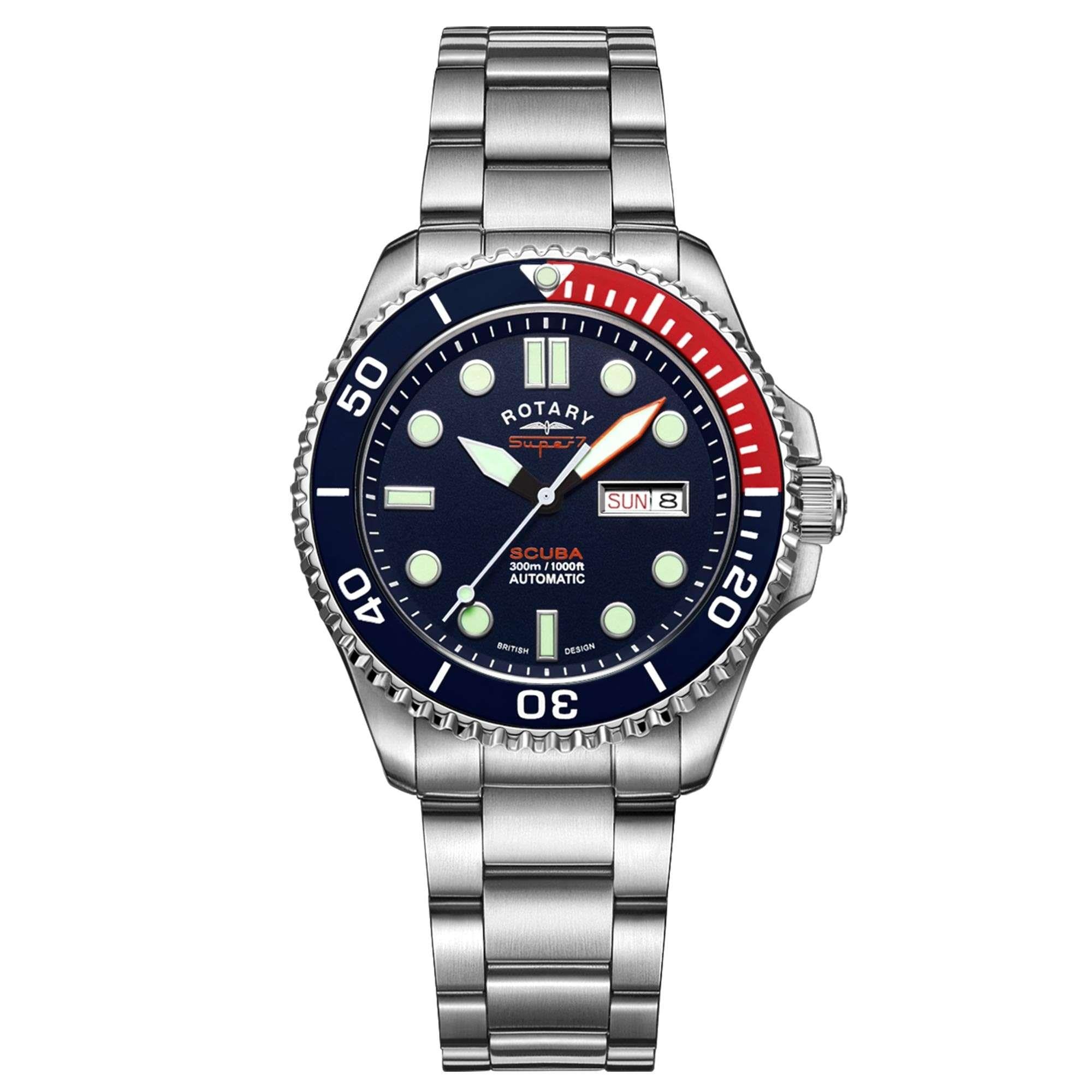 Rotary Super 7 SCUBA 'Pepsi' Automatic Navy Blue Dial Silver Stainless Steel Bracelet Men's Dive Watch S7S004B